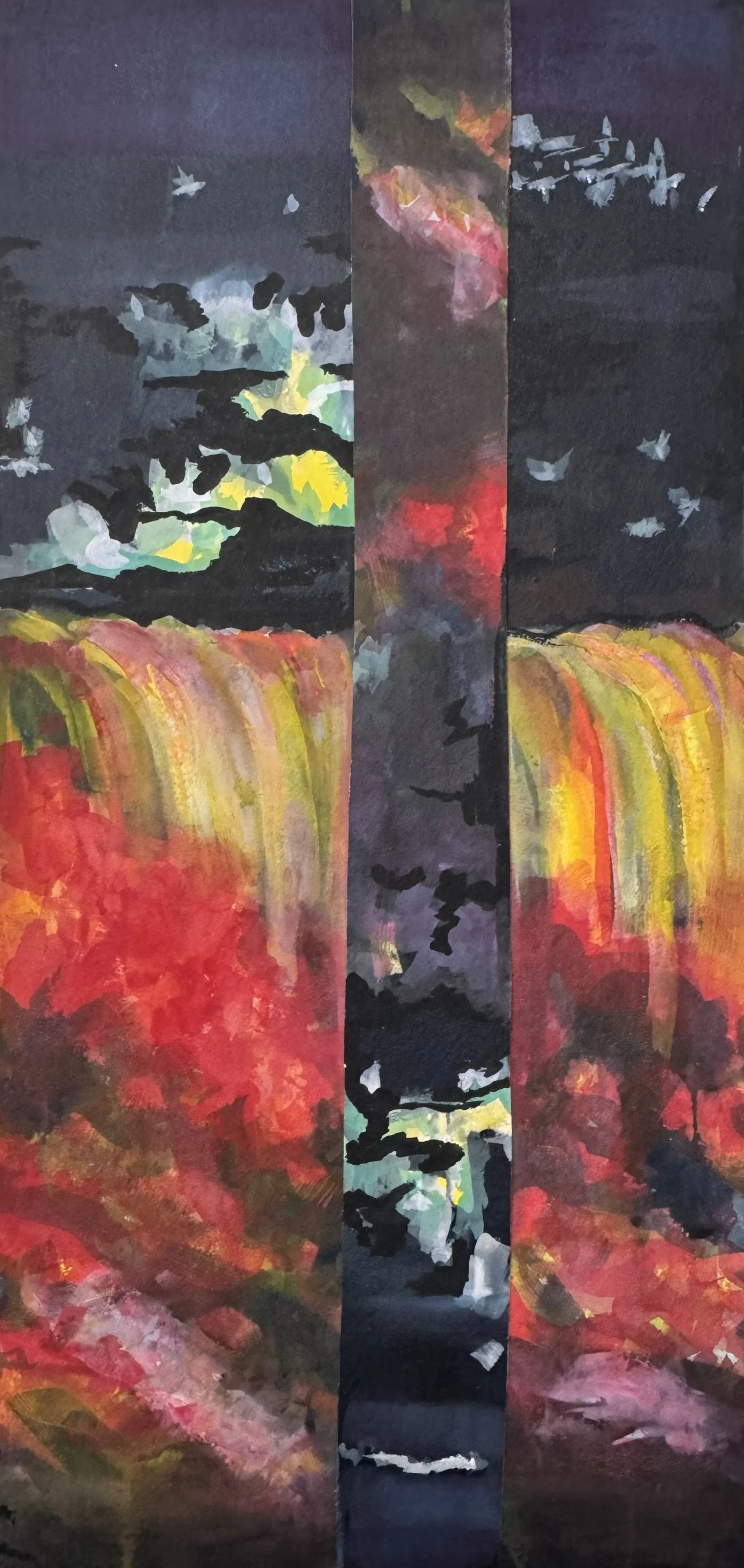 Reverse Flow
Watercolour and gouache on 300lb handmade paper.
15 x 32 inches
$300