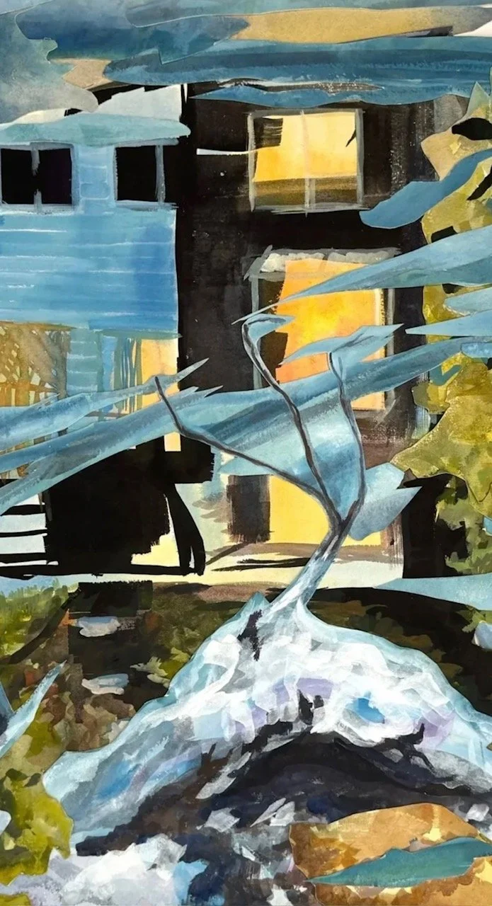 Detail -  Half Light refers to the threshold between day and night—a fleeting moment of transition. The painting is composed of two merged photographic images of my backyard on the north shore of Lake Ontario, captured between winter and spring, when
