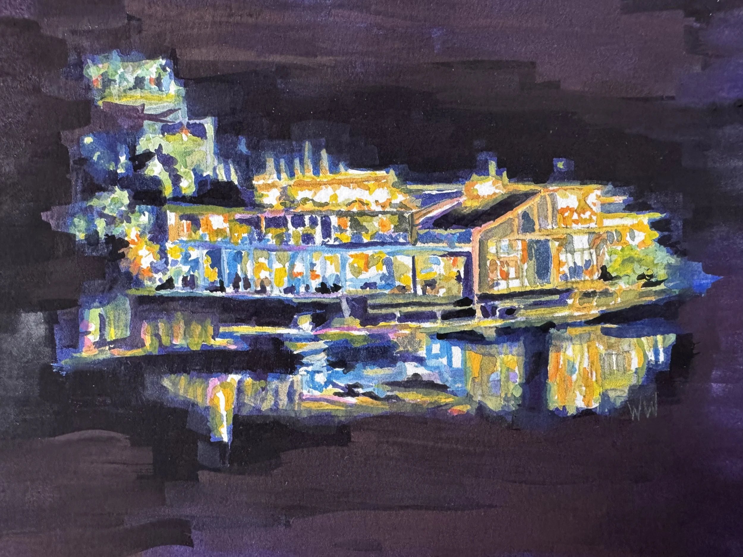 Nighttime on the Wharf I
Watercolour and gouache on Arches 140lb rag paper.
11 x 14 inches
$100 Framed/Matte/White