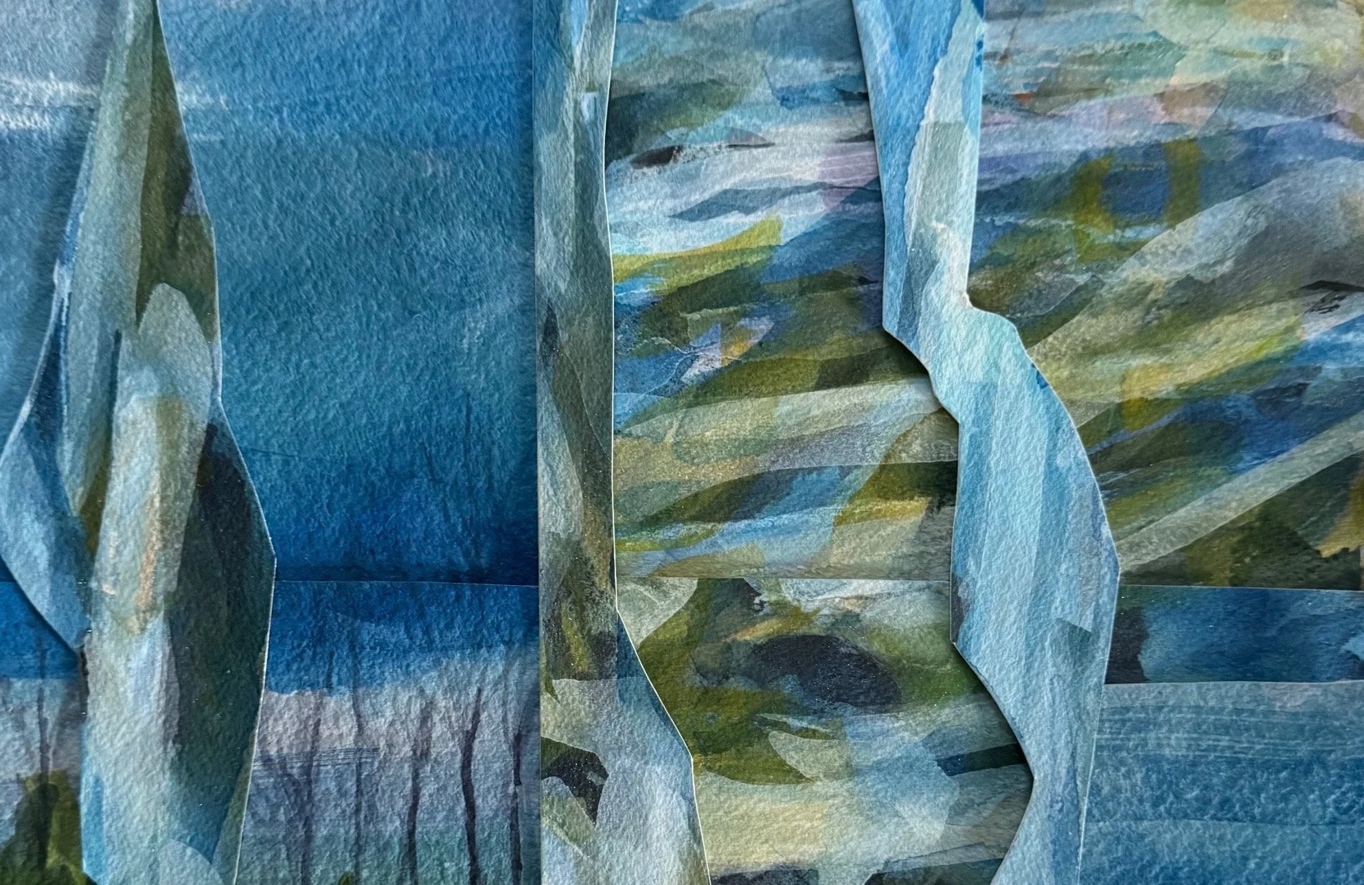 This collage is constructed from where the wild grapes grow on lake Ontario and a mother tree stump underwater covered by ribbons of light and sky reflection on the Muskoka River.
Connecting two body of waters, from above and below the surface. Consi