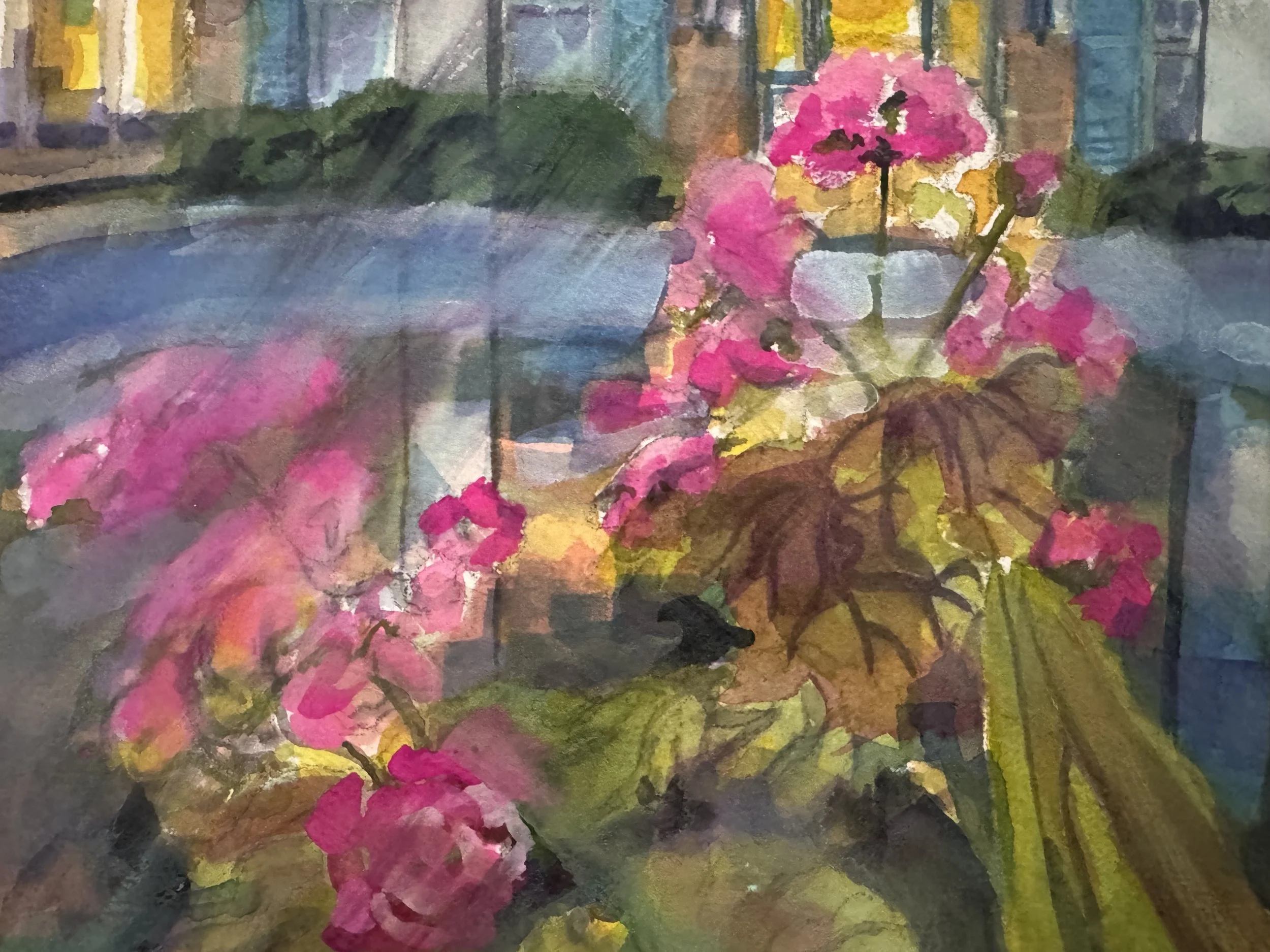Detail, Through the Looking Glass, 2025
Watercolour/Gouache on Arches 140lb rag paper. Wendy focusses on the inside of the Japanese greenhouse where the geraniums winter looking out towards the Italian Garden. The view of Parkwood remided her of the 