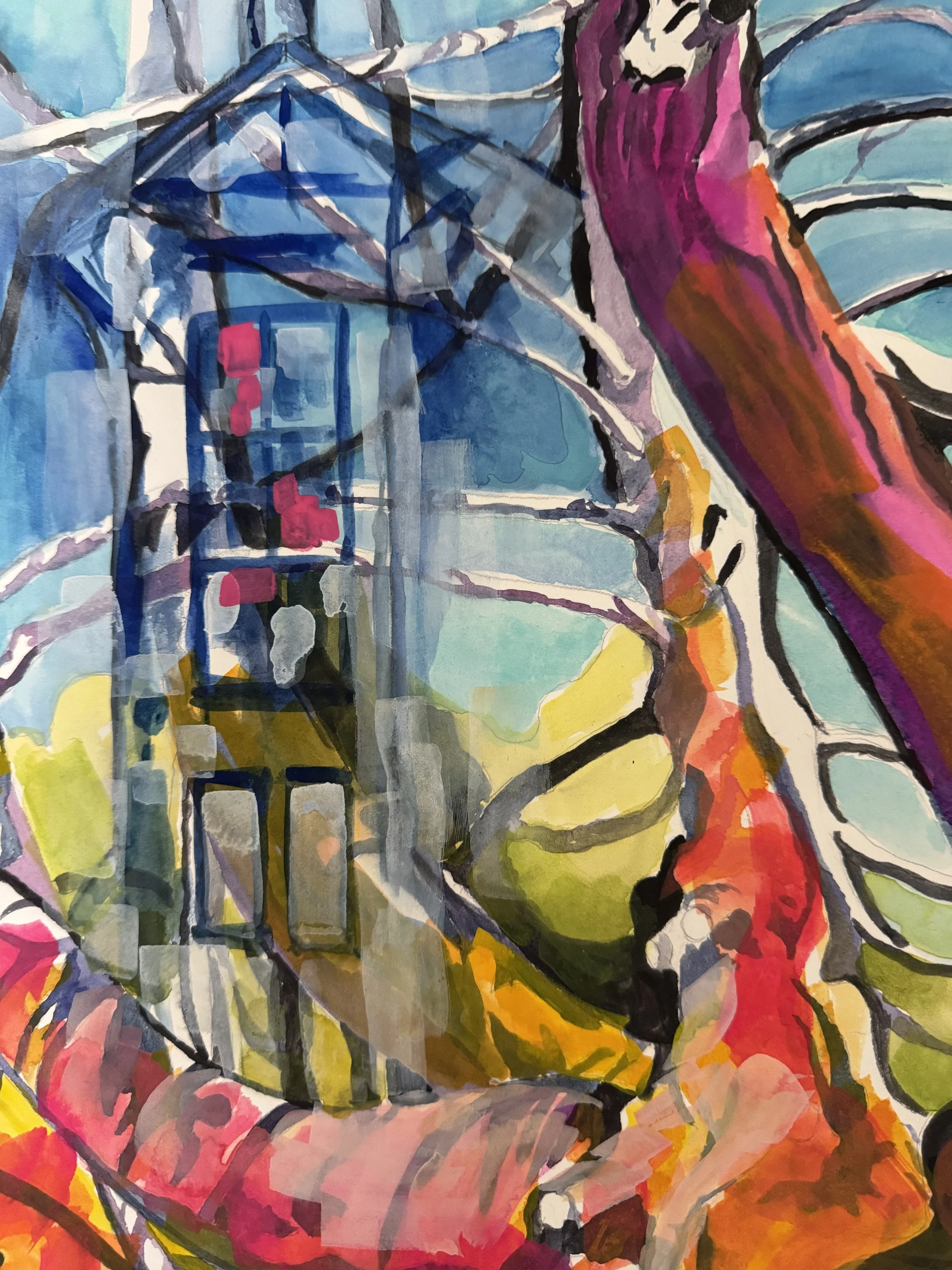 Detail,The Great Pink Snail, 2025
Watercolour/Gouache on Arches 140lb rag paper. Inspired by a photograph of Isabel McLaughlin and Prudence Heward plein air painting on the grounds of Parkwood. Wendy expresses her thoughts around Isabel McLaughlin's 
