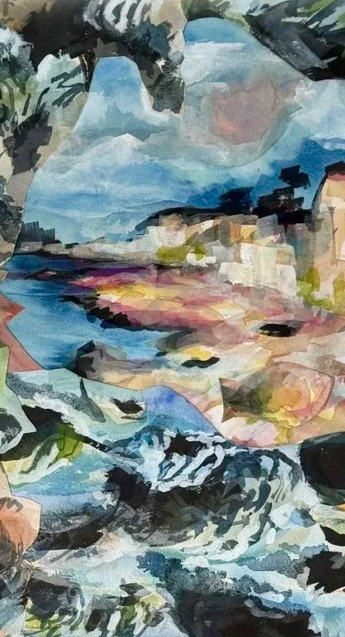 Detail - Falling Water is composed by merging two paintings of the Lake Ontario shoreline, bringing together the cliffs and the water's edge into a single landscape. The shoreline bears the evidence of continual transformation, shaped by wind, rain, 