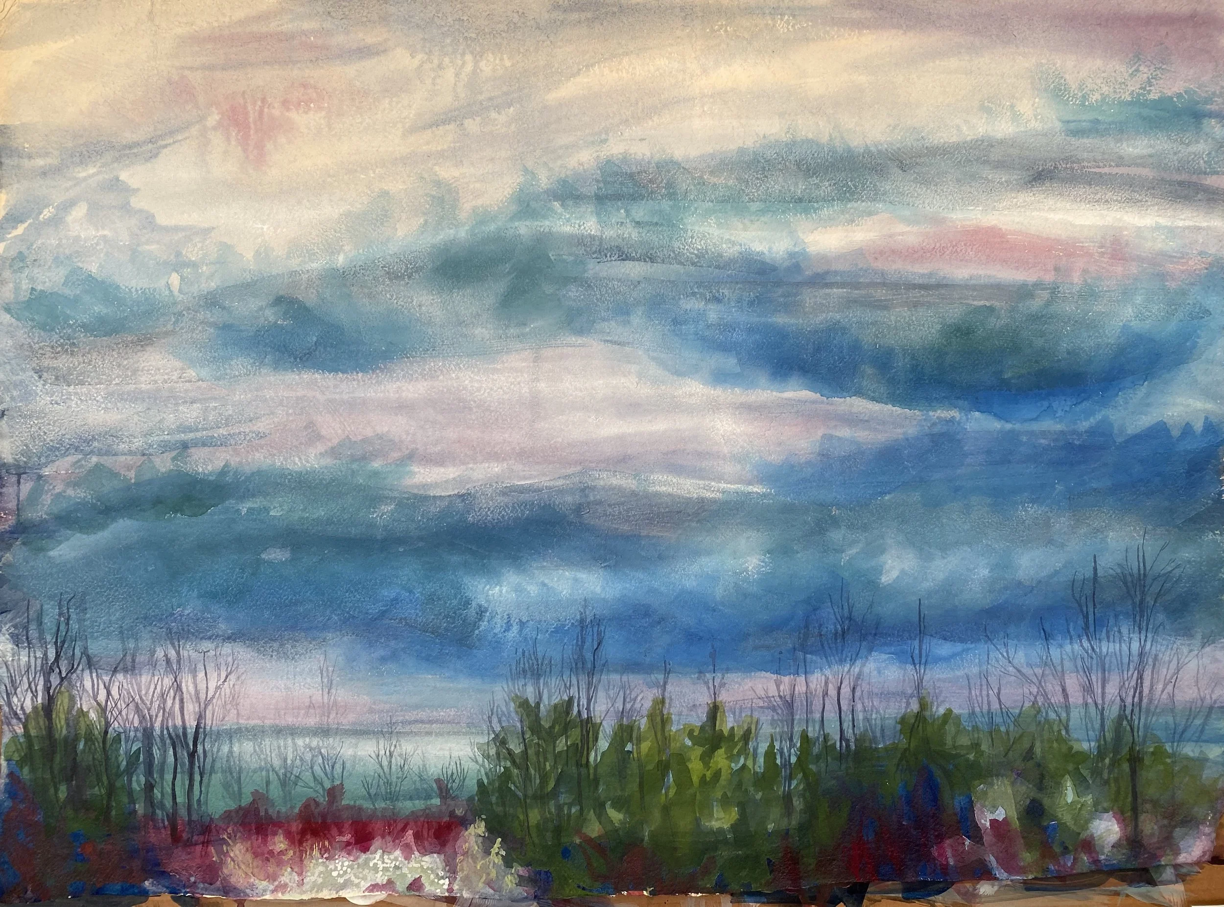 Where the Wild Grape Grows 1
Northern Shore of Lake Ontario
Watercolour, gouache and ink on handmade paper. 2024
36 x 24 in.
$750 Framed/Matte/White