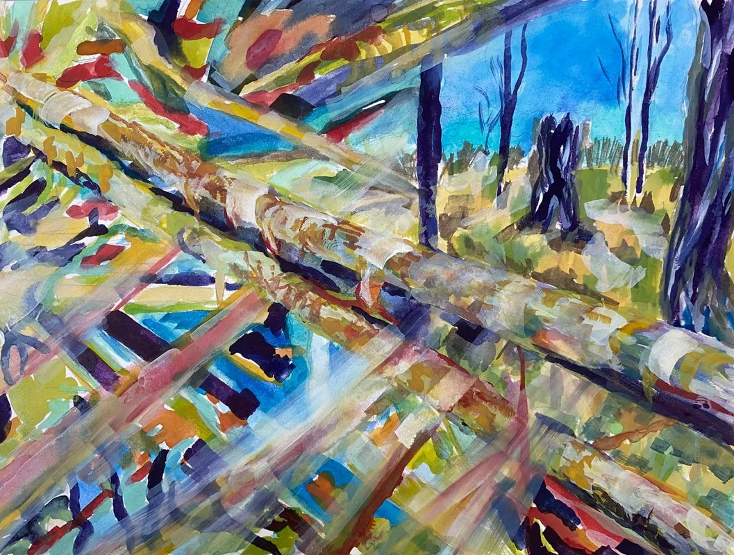 Fallen trees and Fence Rail
Watercolour and gouache on Arches 140lb paper .
12 x 19 inches
$200 Framed/Matte/White