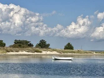 A small white boat floating on calm water near a sandy shoreline with some trees in the background and a partly cloudy sky.