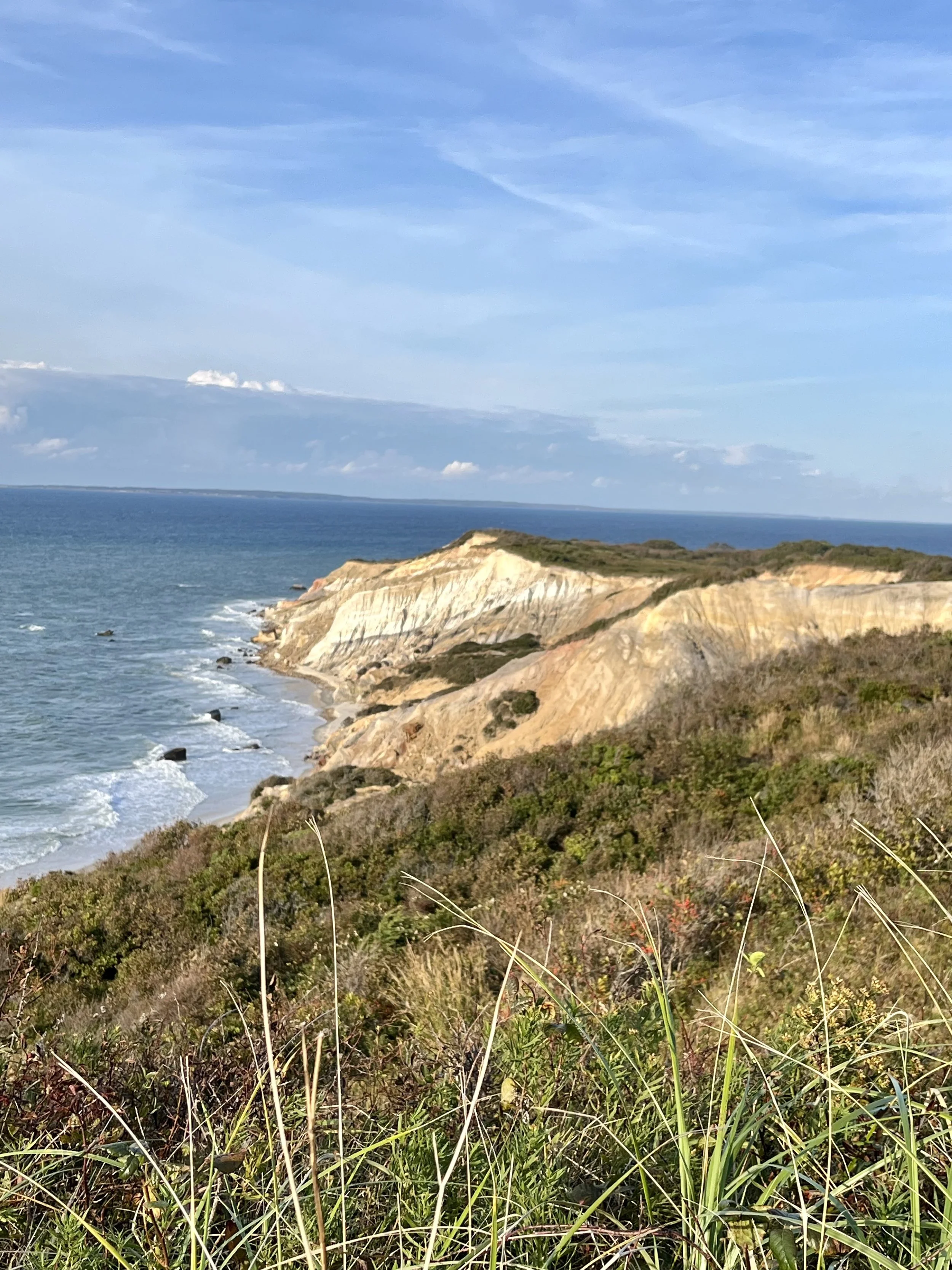 Coastal cliffs with sandy and rocky terrain overlooking the ocean, with vegetation in the foreground, under a partly cloudy sky.