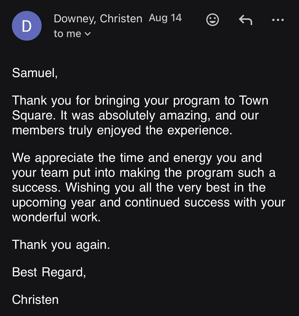 Thank-you email to Samuel Kim of Aim for Unity from Christen Downey, praising the archery program at Town Square