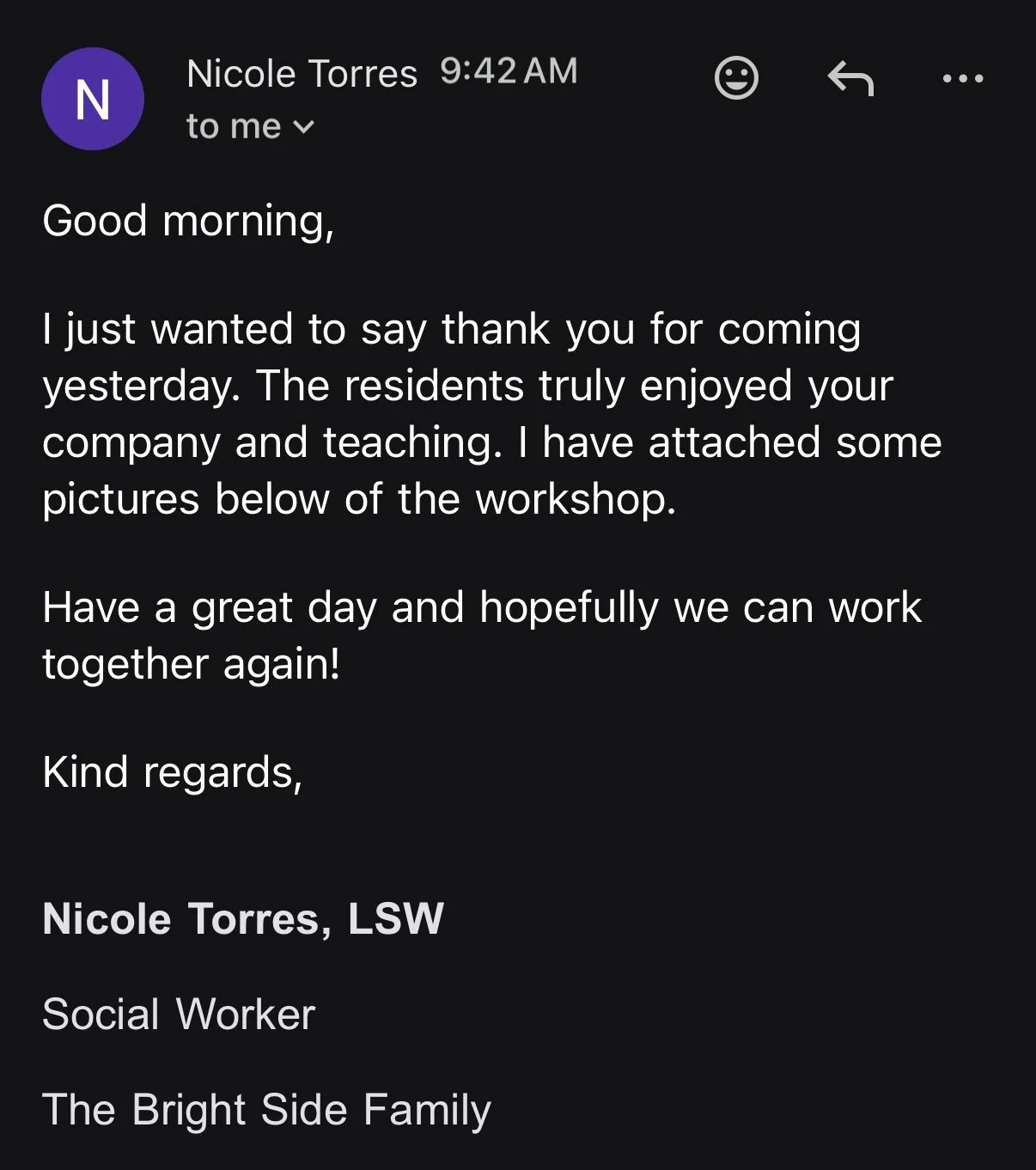 Testimonal of Aim for Unity, written by Nicole Torres, Social Worker for the Bright Side family.