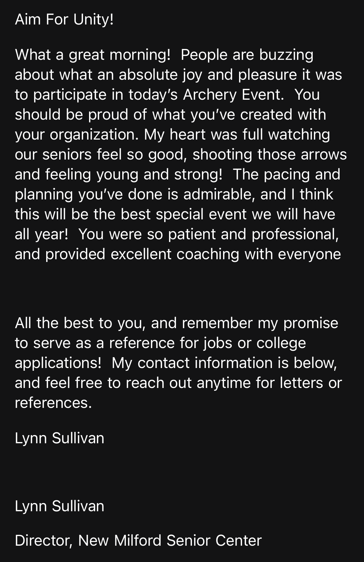 Thank-you note from Lynn Sullivan praising an Aim for Unity senior archery event