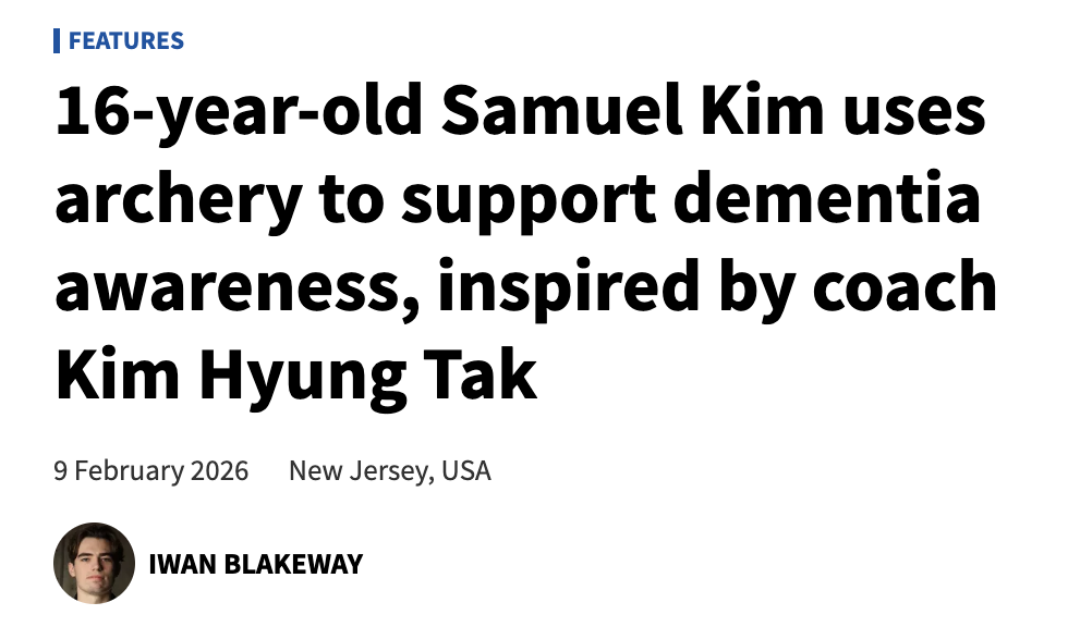 News article headline about 16-year-old Samuel Kim, student at Bergen County Academies, using archery to support dementia awareness