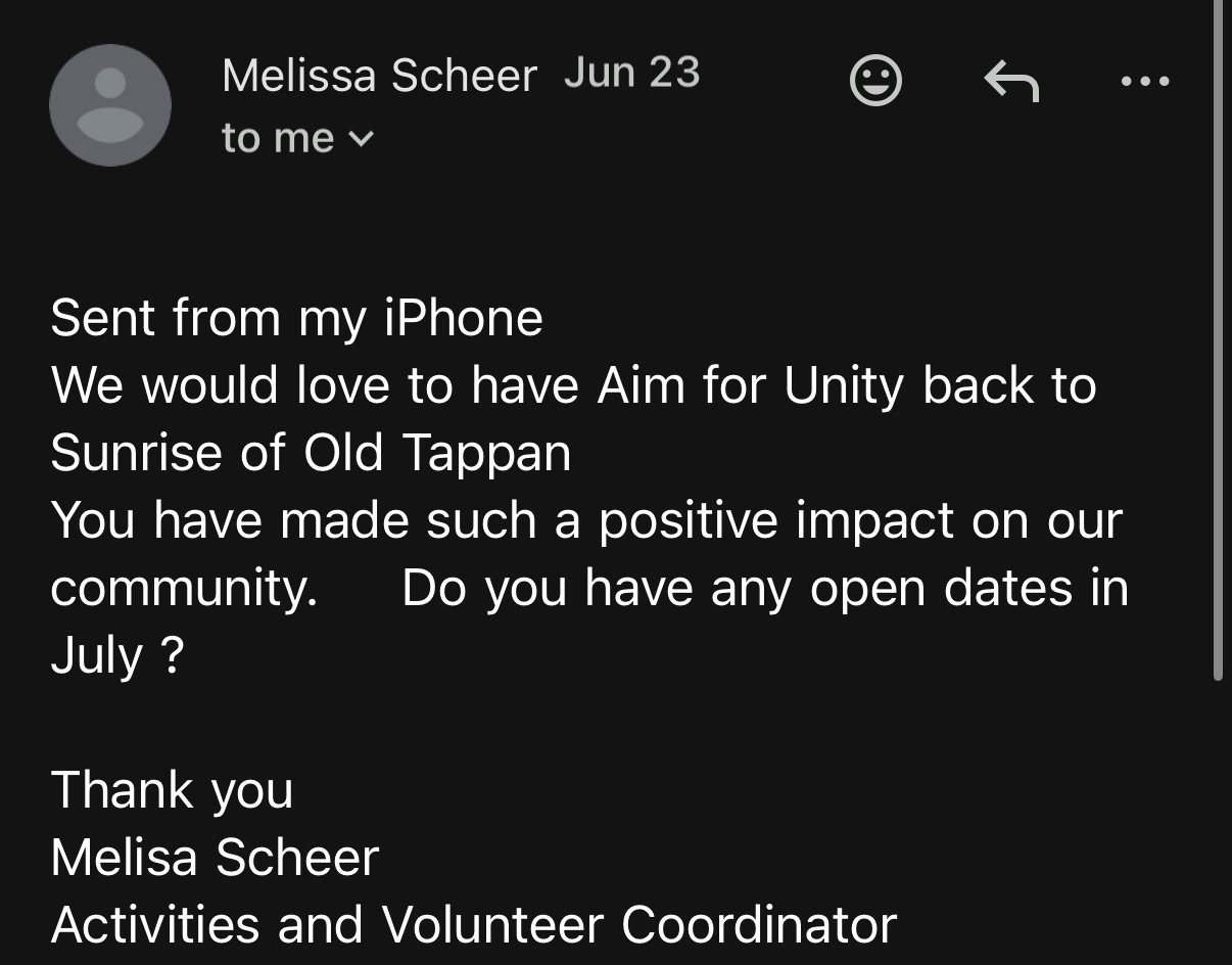 Testimonial of Aim for Unity, written by Melissa Scheer, Activities and Volunteer Coordinator of Sunrise of Old Tappan.