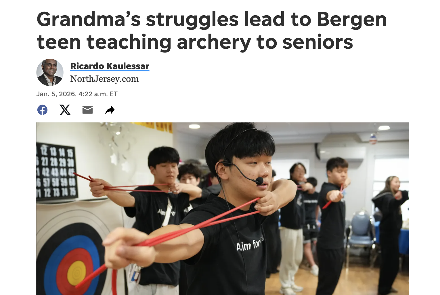 Aim for Unity being featured on NorthJersey.com, also known as the record. The focus is on Samuel Kim, student at Bergen County Academies, leading the group teaching seniors archery in front with a microphone headset