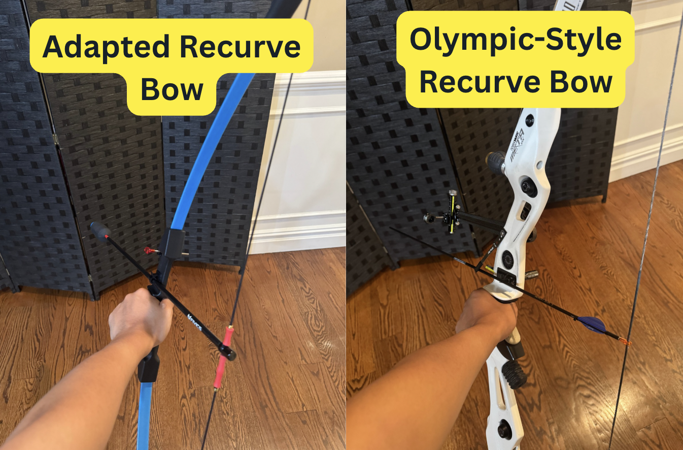 Adapted recurve bow next to an Olympic-style recurve bow, the same style of bow used at the Olympic Games