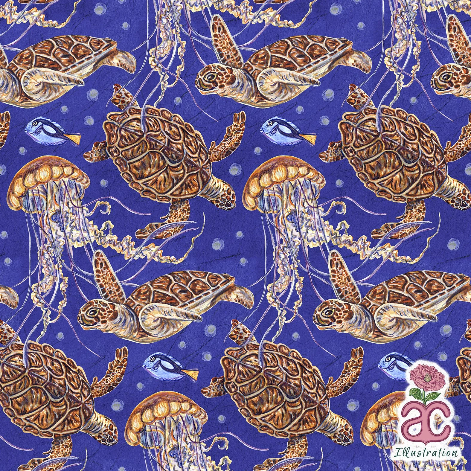 "Ocean Ecosystem" For Smocks
*Made exclusively for Retro Stylist Wear* 
Water color and colored pencil on paper, compiled and edited in Adobe Photoshop.
2025