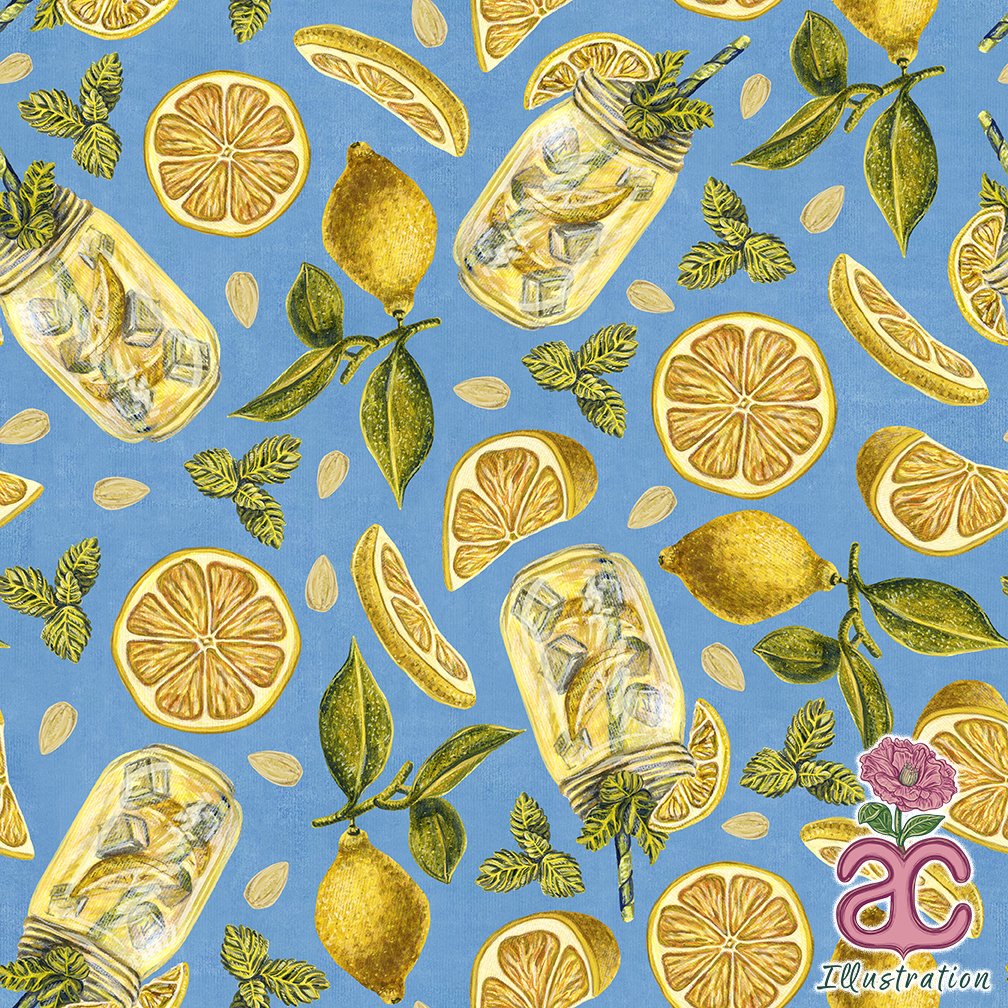 "Squeeze the Day"
Toss, multi-directional repeat pattern created with watercolor and colored pencil on paper and edited/compiled in Adobe Photoshop.