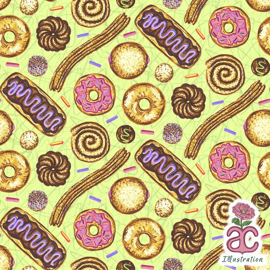 "Delectable Donuts" 
*Made exclusively for Retro Stylist Wear* 
Copic Makers, compiled and edited in Adobe Photoshop.
2025