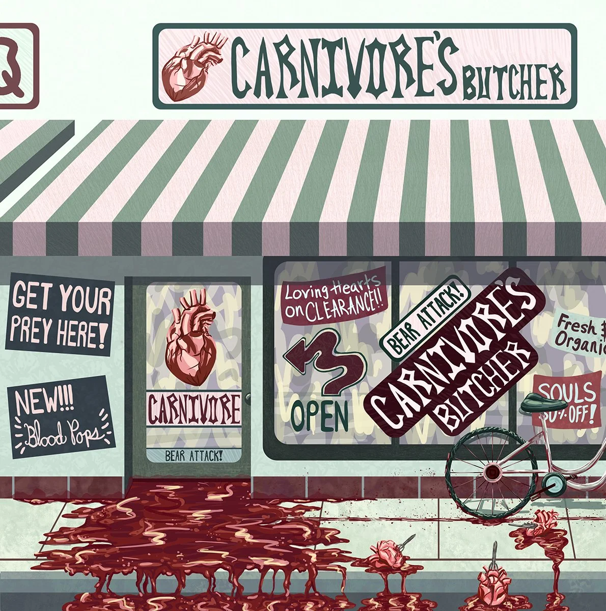 "Carnivore's Butcher" 
12" x 12"
Adobe Photoshop
2023
Song cover for Bear Attack!'s song "Carnivore."