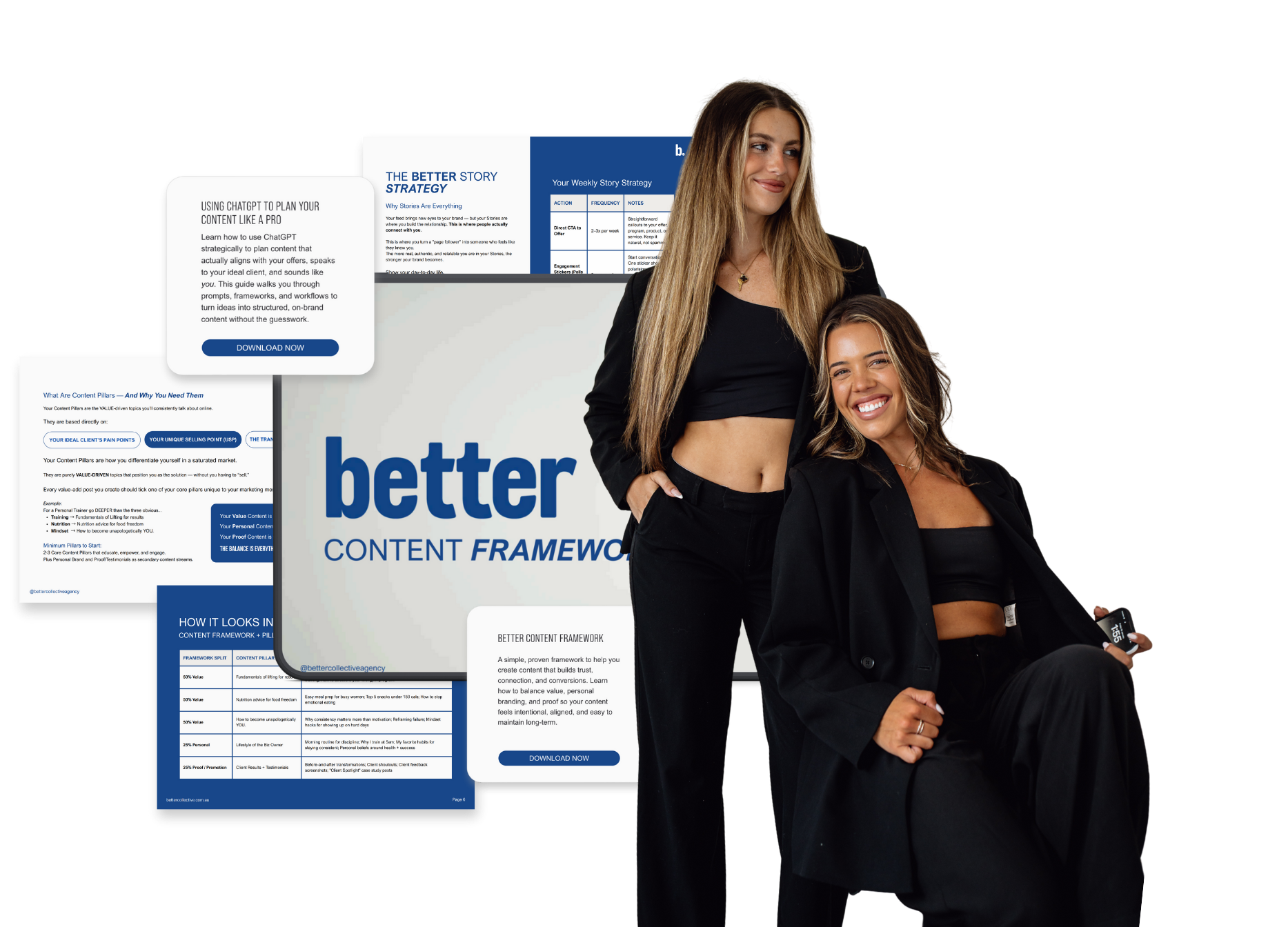 Two smiling women in black outfits pose in front of a presentation display about content strategy and frameworks, with slides and documents visible.