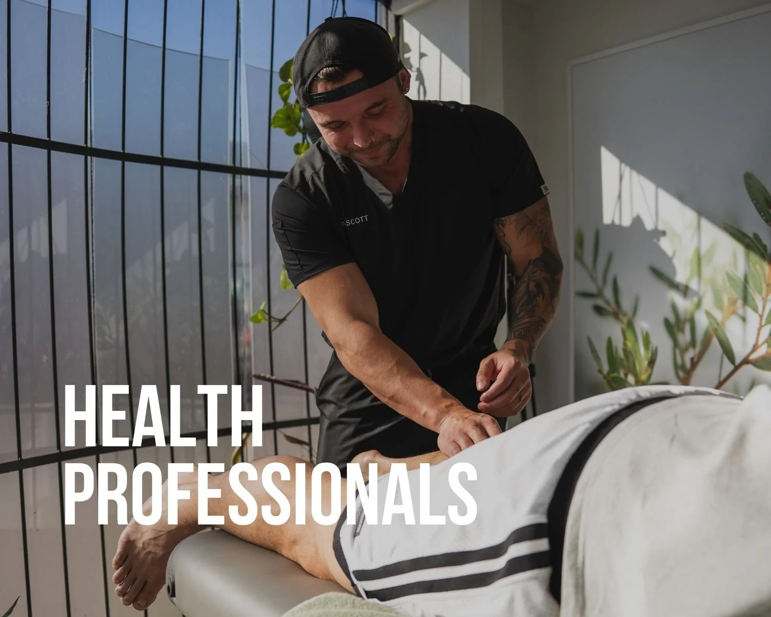 A massage therapist performing a massage on a client's leg in a wellness clinic, with the text 'Health Professionals' overlaid on the image.