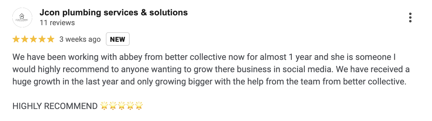 Screenshot of a Google review for Jcon plumbing services & solutions, showing five stars, review date, and a positive testimonial about working with Abbey from Better Collective.