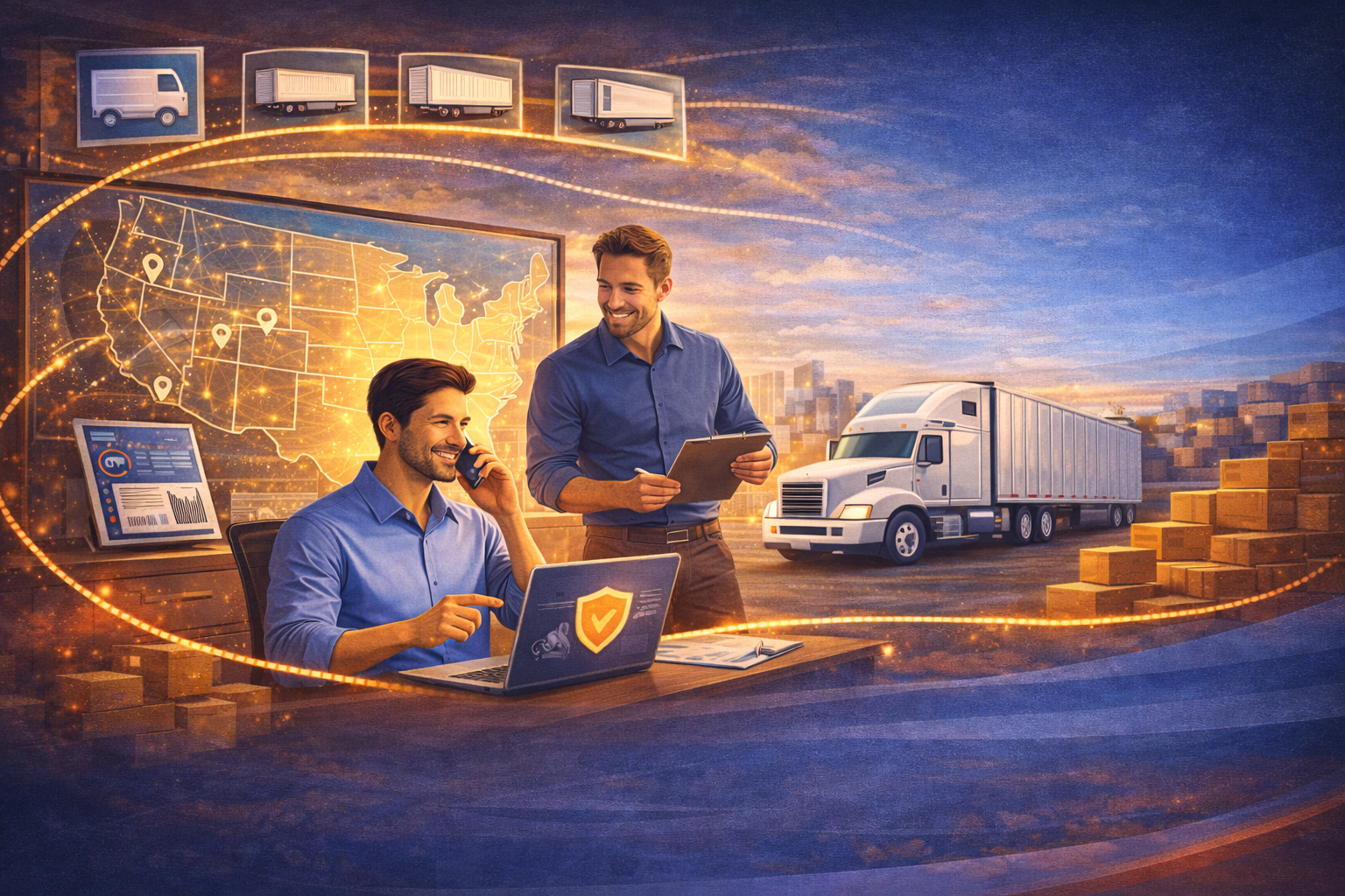 Two men in a logistics control room discussing delivery routes, with a large truck and stacks of boxes outside, and a digital map of the US with location markers and data screens in the background.