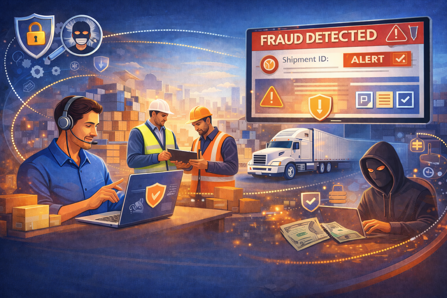 A digital illustration depicting cybersecurity in logistics. It shows three workers in safety gear and a person in a hoodie with a mask, working with computers and digital security icons. A truck is in the background, with a large screen displaying a 'Fraud Detected' alert related to shipment security.