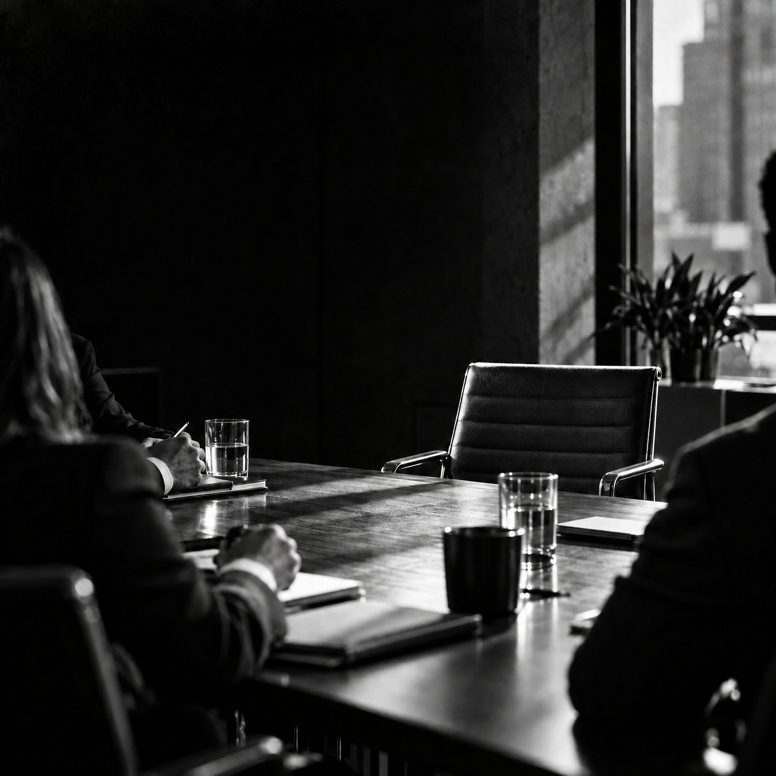 Boardroom table with one empty chair at the head, in black and white
