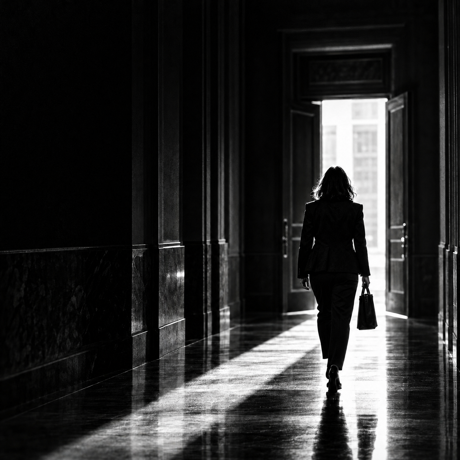 A woman walking down a dark corridor toward open, brightly lit doors, in black and white