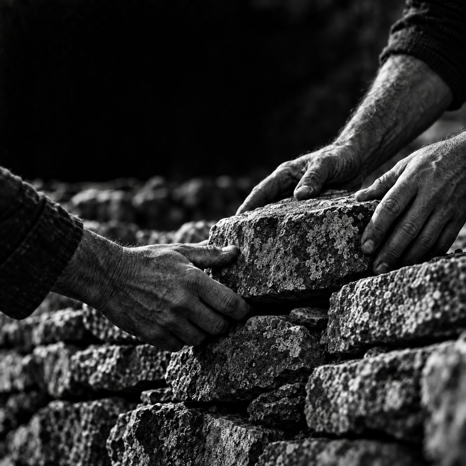 Hands placing a stone into a wall, in black and white
