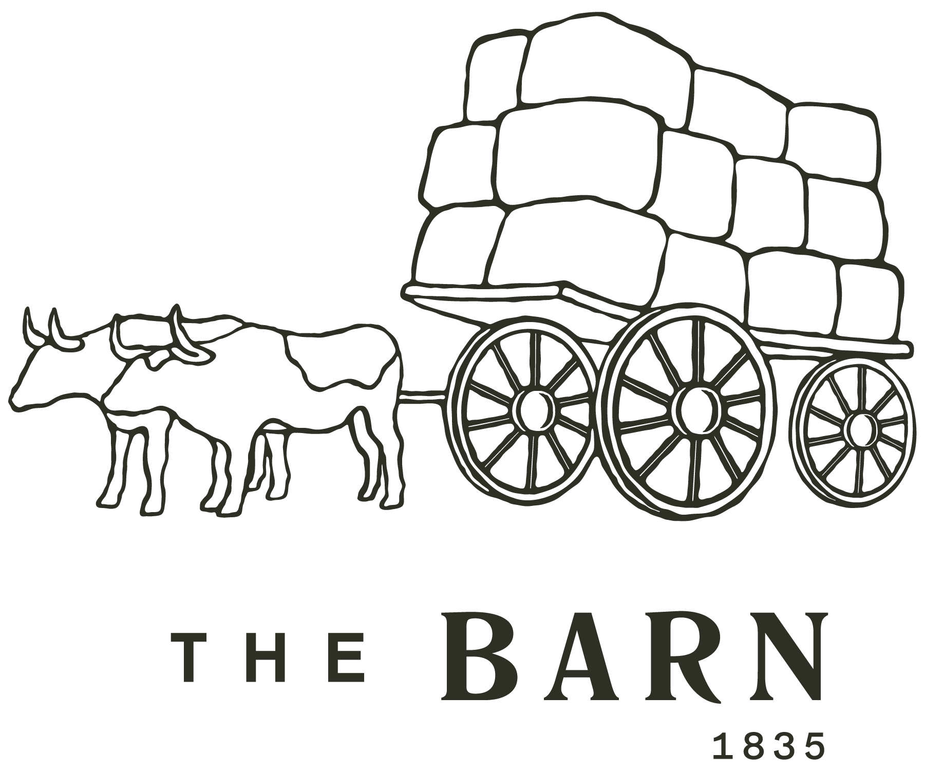 A black and white line drawing of a cow pulling a cart loaded with hay, with the text 'The Barn 1835' below.