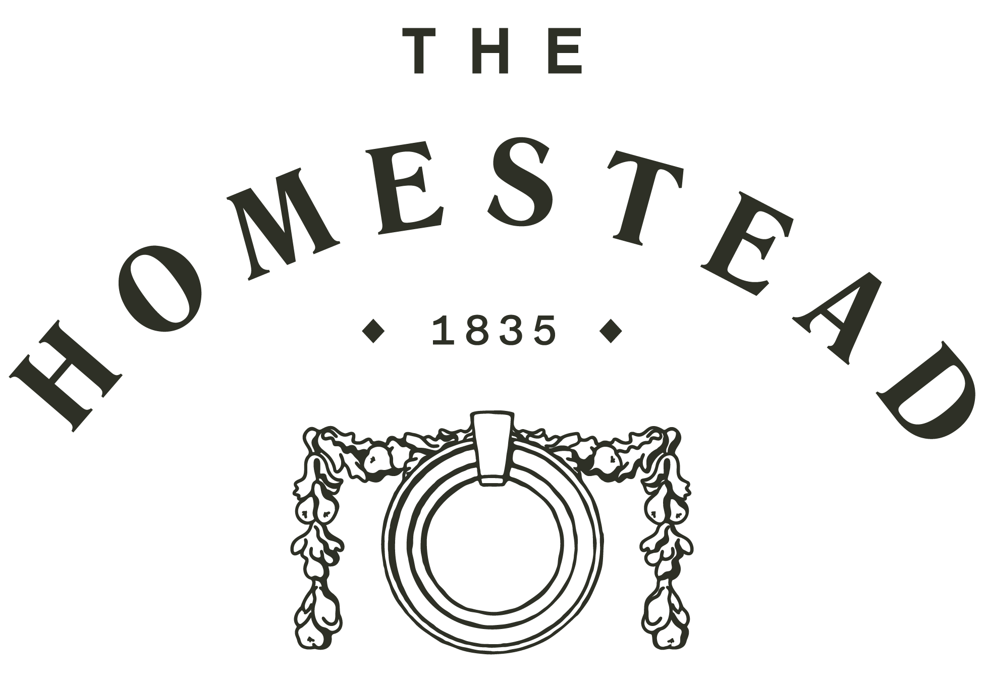 Logo for the Homestead, established in 1835, featuring a decorative wreath with a circular emblem in the center.