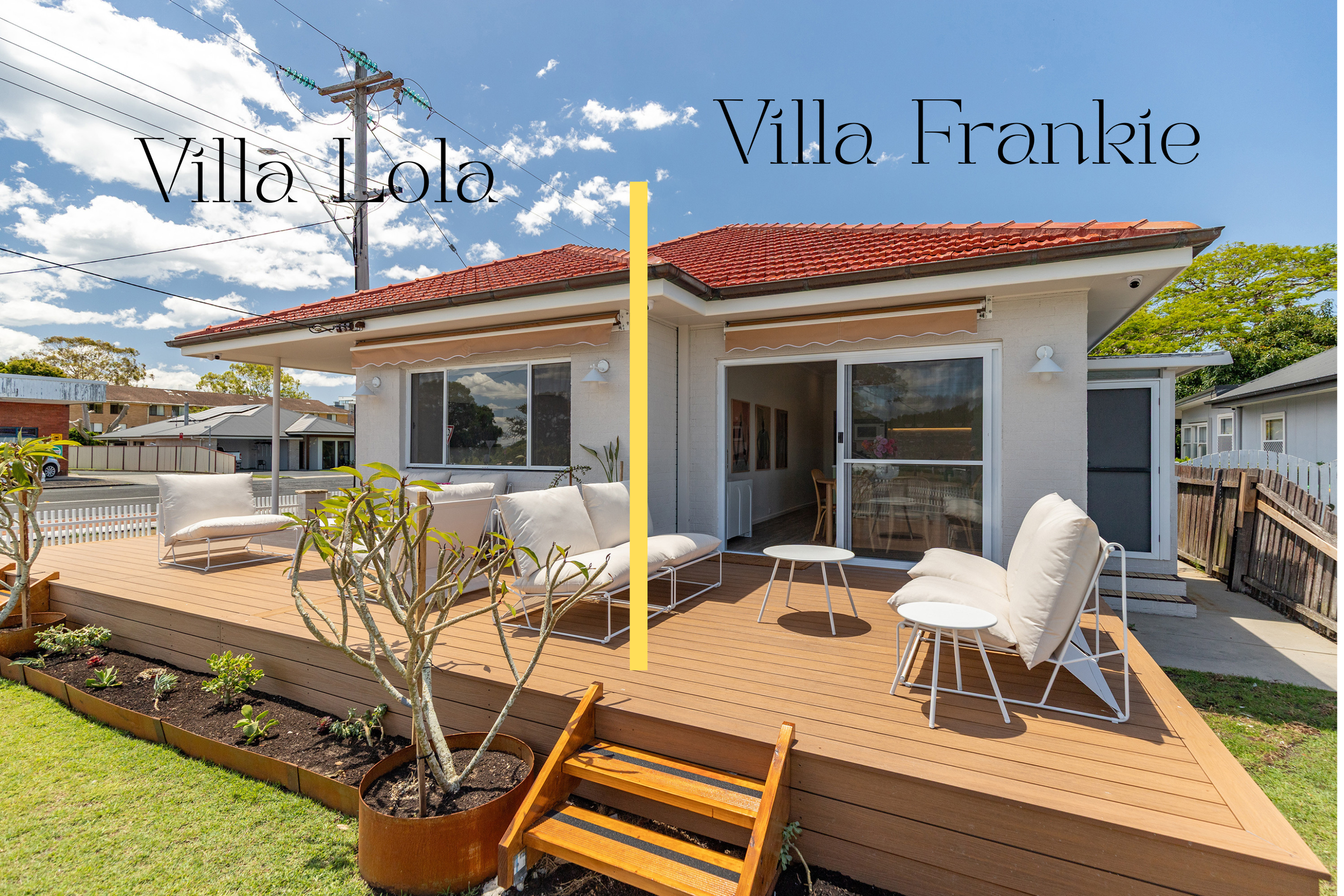A side-by-side comparison of two houses, labeled 'Villa Lola' on the left and 'Villa Frankie' on the right. Both are single-story homes with white exterior walls, large windows, and red-tiled roofs. The yards feature wooden decks with outdoor furnitu