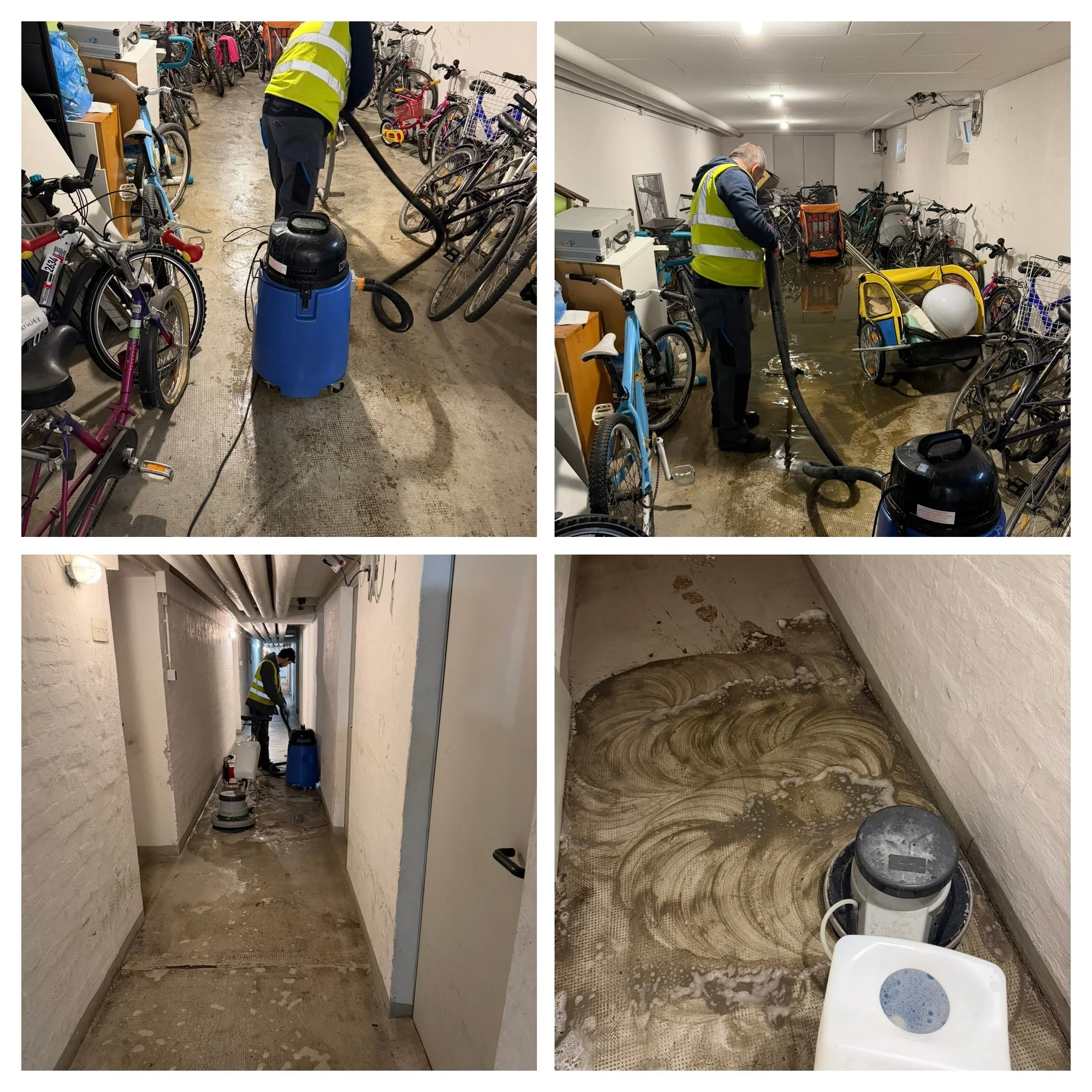 Ein Hausmeister im Keller, der einen Wasserschaden reinigt, mit Staubsauger und Reinigungsgerät, während Wasser in einem Fahrradkeller und Flur steht, und der Kellerboden vollständig durchnässt ist.