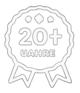 Abzeichen mit 20+ Jahren, rund mit Schleife und Spitzenrand, in Schwarz-Weiß.