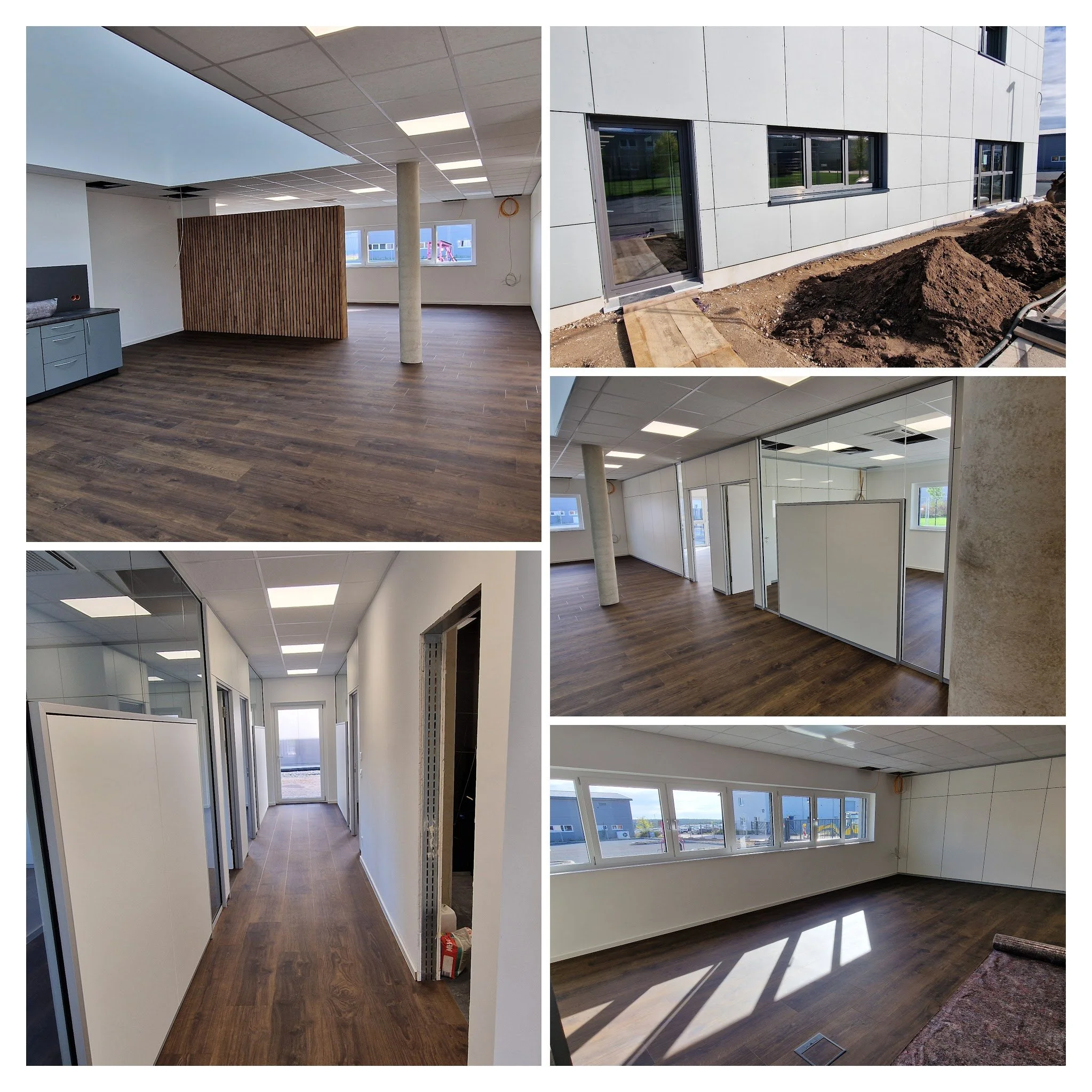 Innen- und Außenaufnahmen eines modernen, leerstehenden Bürogebäudes mit Holzfußböden, weißen Wänden und großen Fenstern, sowie Baustellenbereiche mit Erde und Gerüsten.