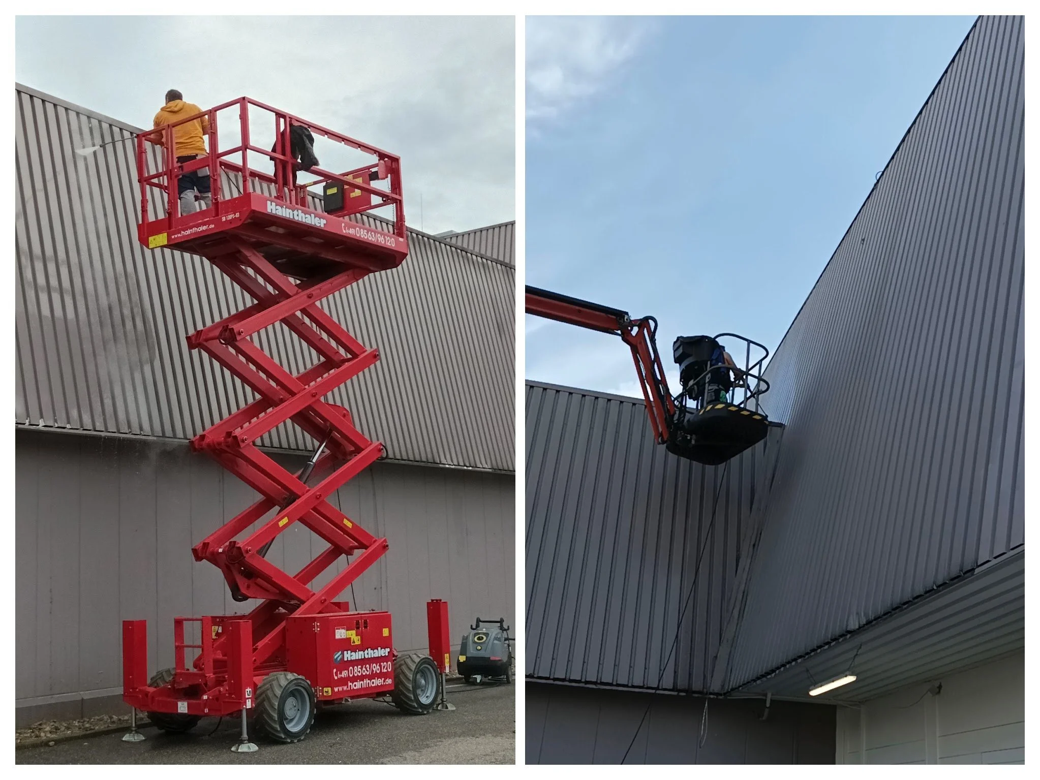 Links: Ein roter Teleskoparbeitsbühne mit zwei Personen, die an einer Außenwand arbeiten. Rechts: Eine Person arbeitet mit einer kleinen Hebebühne an einer Gebäudefassade.