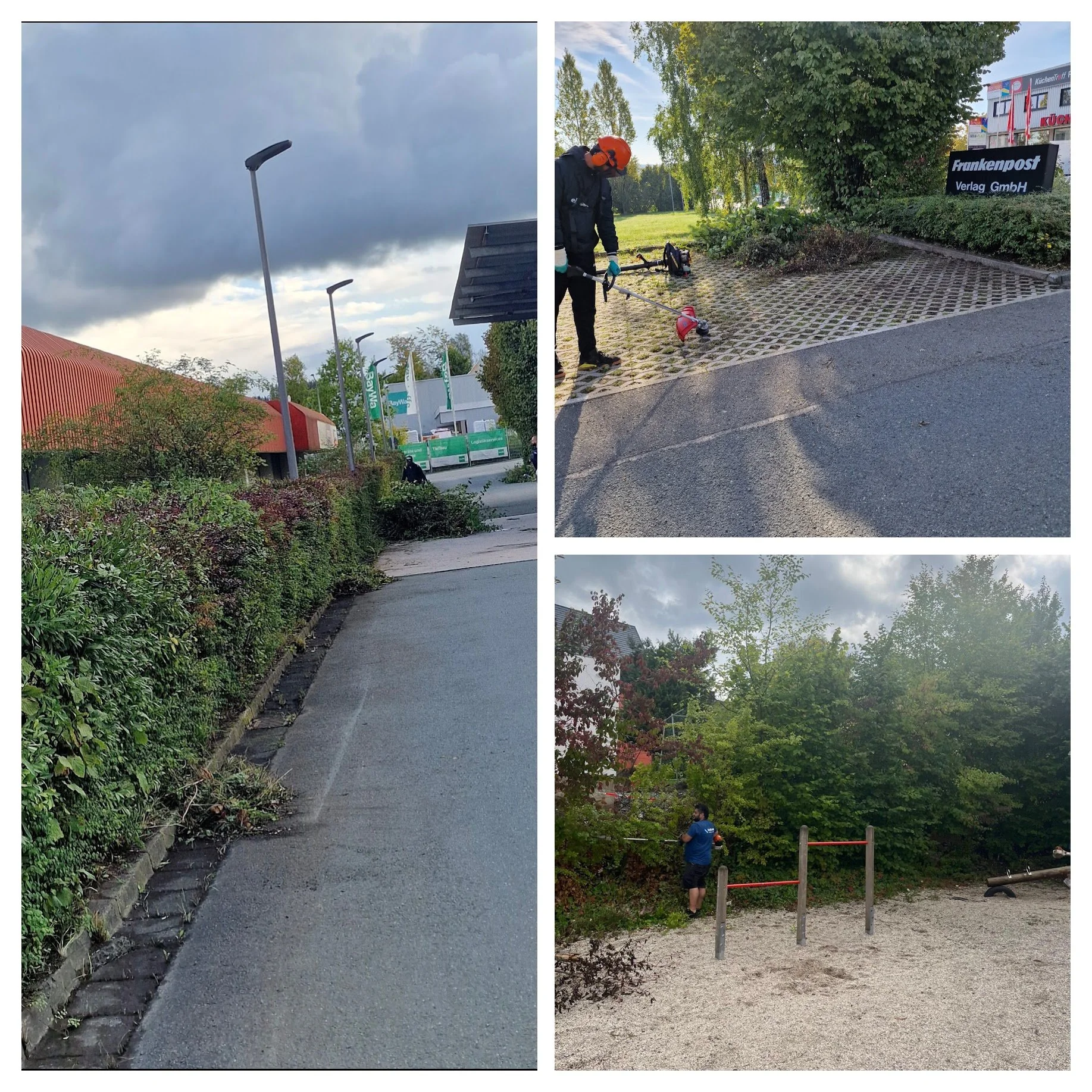 Drei Bilder zeigen die Straße, die Gehwege und die Umgebung einer Stadt oder eines Vororts, mit Bäumen, Parks und Gebäuden. Im oberen rechten Bild ist eine Person mit Schutzhelm und -kleidung bei der Gartenarbeit zu sehen, die mit einem Rasenmäher arbeitet. Das rechte untere Bild zeigt eine Person, die an einem Zaun im Park arbeitet.