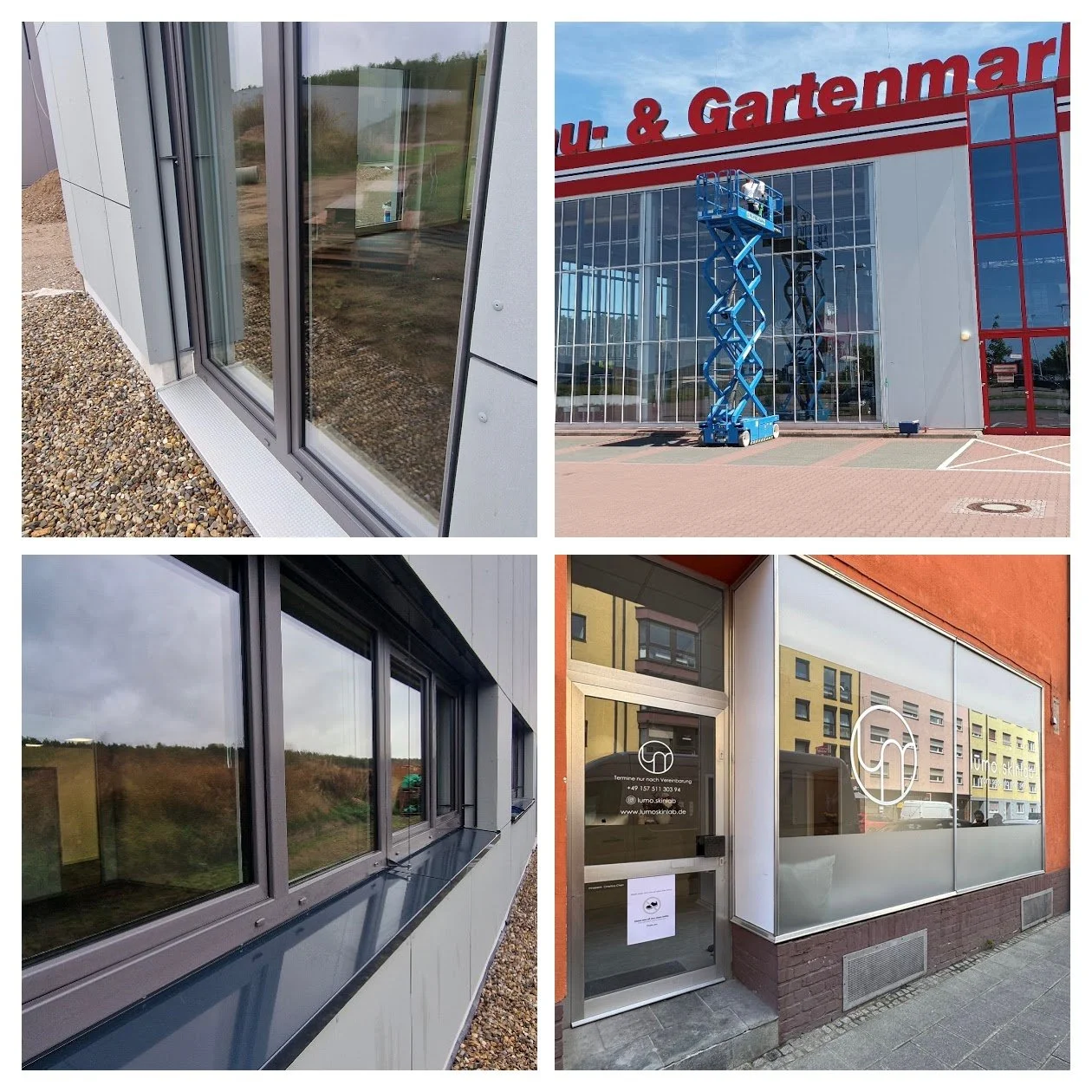Vier Bilder von Fenstern und Fassaden: 1. Nahaufnahme eines modernen Fensters mit Glasschiebetüren, 2. Außenszene eines Geschäfts mit einem Baugerüst vor der Glasfassade, 3. Fenster mit dunklem Rahmen und reflektierter Umgebung, 4. Geschäftseingang mit großen Glastüren und Firmenlogo.