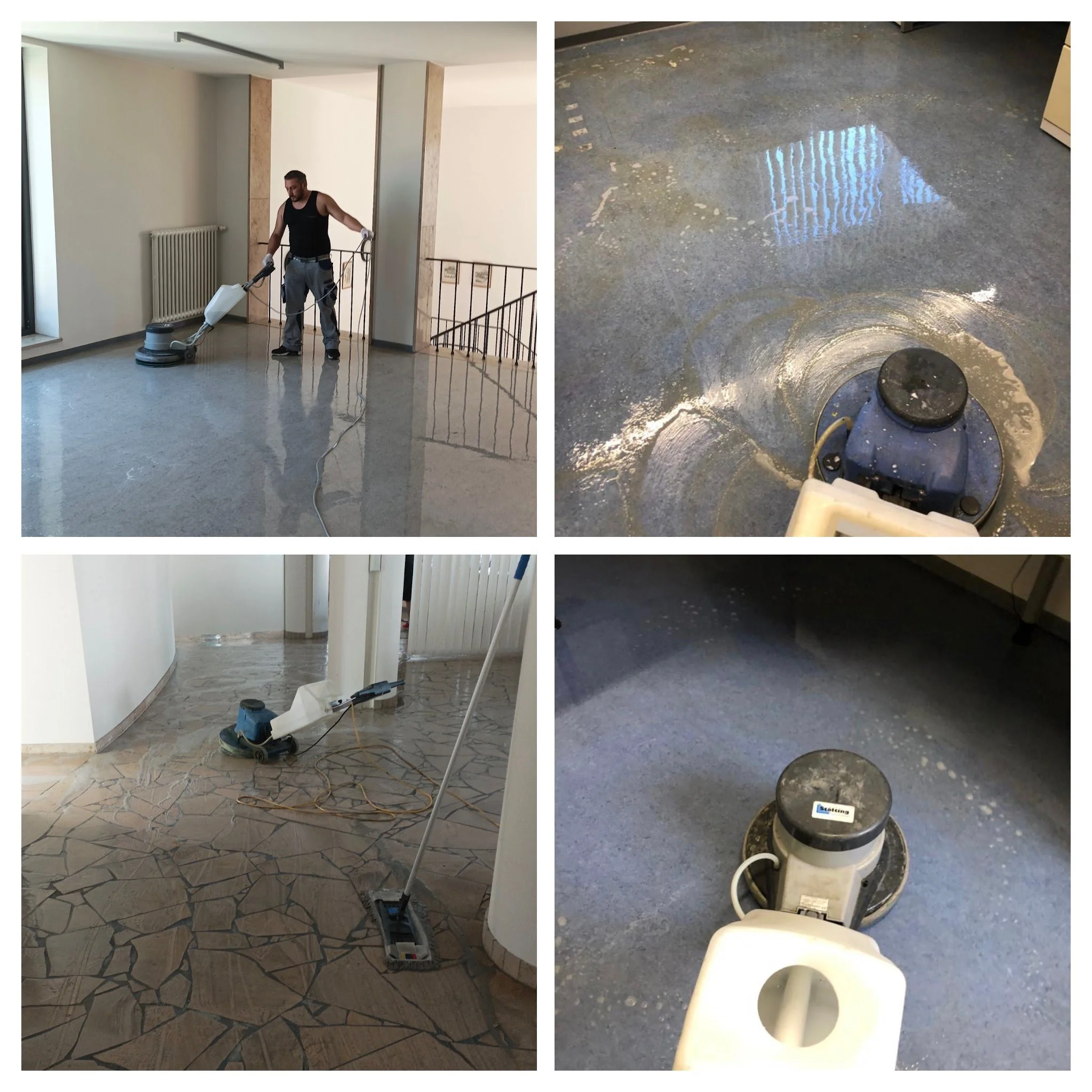 Vier Bilder zeigen Reinigungsarbeiten auf Böden in einem Gebäude. Im ersten Bild wird eine Person den Boden mit einem Schleifgerät reinigen, im zweiten Bild ein Boden voll Wasser mit einem rotierenden Reinigungsgerät, im dritten Bild ein Boden mit Marmor- oder Fliesenmuster, und im vierten Bild ein Boden mit einem Reinigungsgerät, das auf den Boden gestellt ist.
