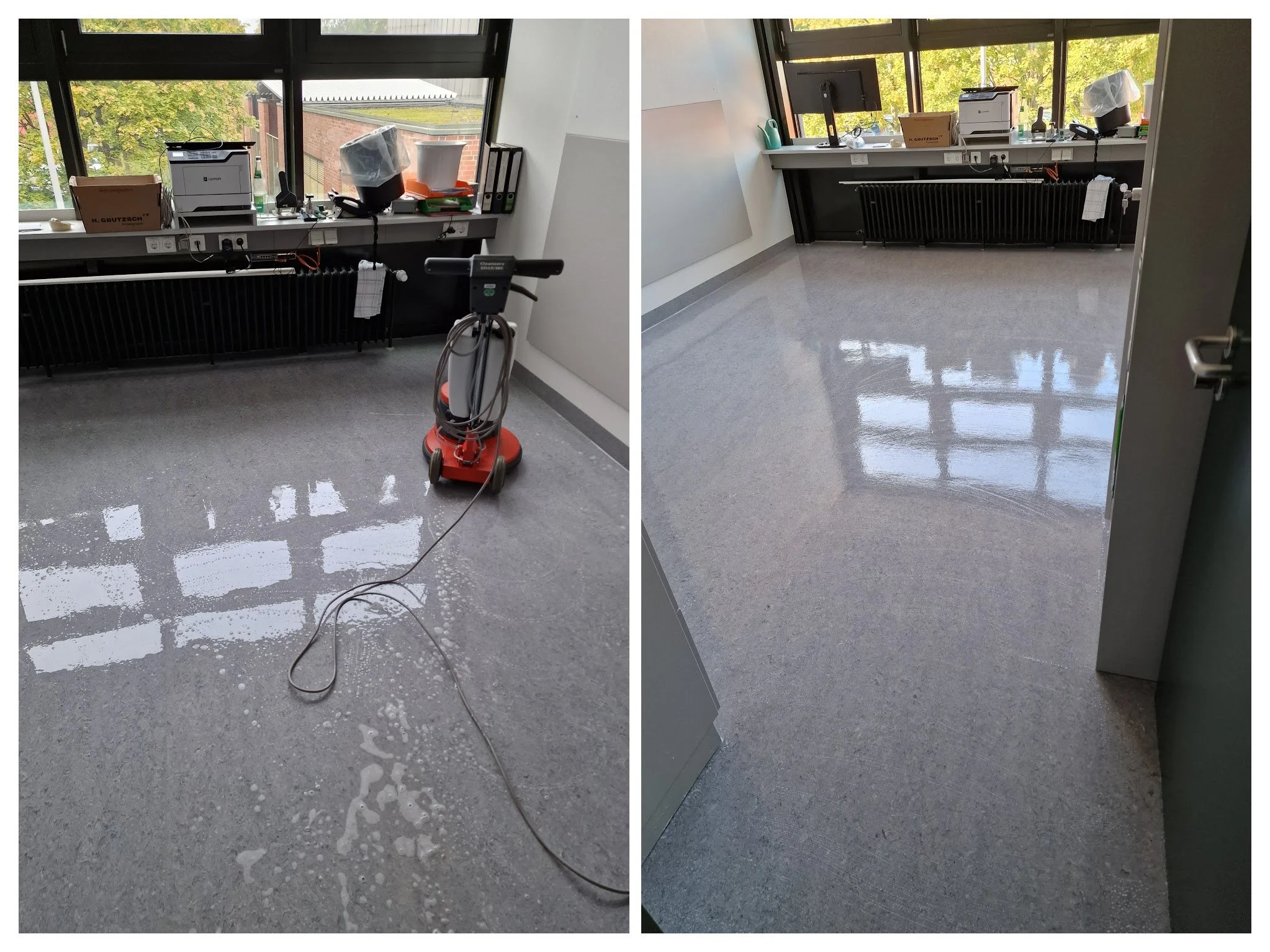 Vorher-Nachher-Vergleich eines Büroraums, in dem die Teppichbodenreinigung mit einem Poliergerät durchgeführt wurde, der rechte Bereich ist sauber und glänzend nach der Reinigung.