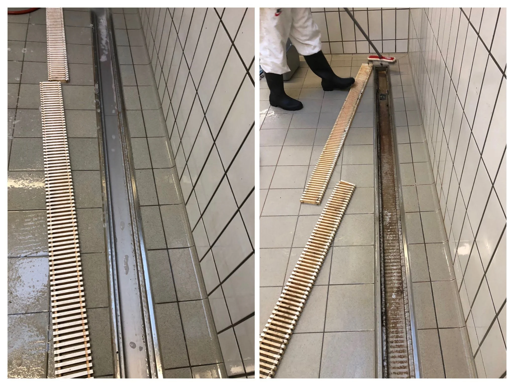 Ein Reinigungspersonal installiert einen Ablaufrost in einem öffentlichen Schwimmbad oder Wellnessbereich. Das Personal trägt Gummistiefel und eine weiße Jacke, während es die Reinigungsarbeiten durchführt.