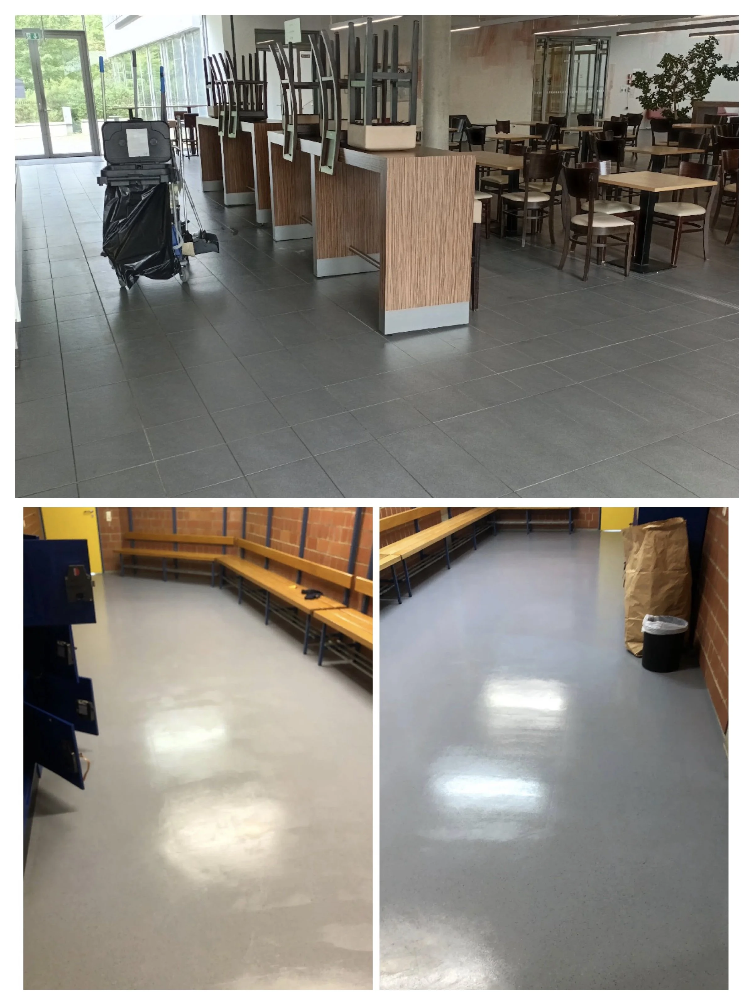Drei Bilder von Innenräumen. Das erste zeigt einen Restaurantbereich mit Tischen, Stühlen und einem Reinigungwagen. Das zweite zeigt eine Umkleidekabine mit Holzbänken und braunen Wänden. Das dritte zeigt einen Raum mit grauem Boden, einer Wand aus Ziegelsteinen, und einem Papierbeutel sowie einem Mülleimer.