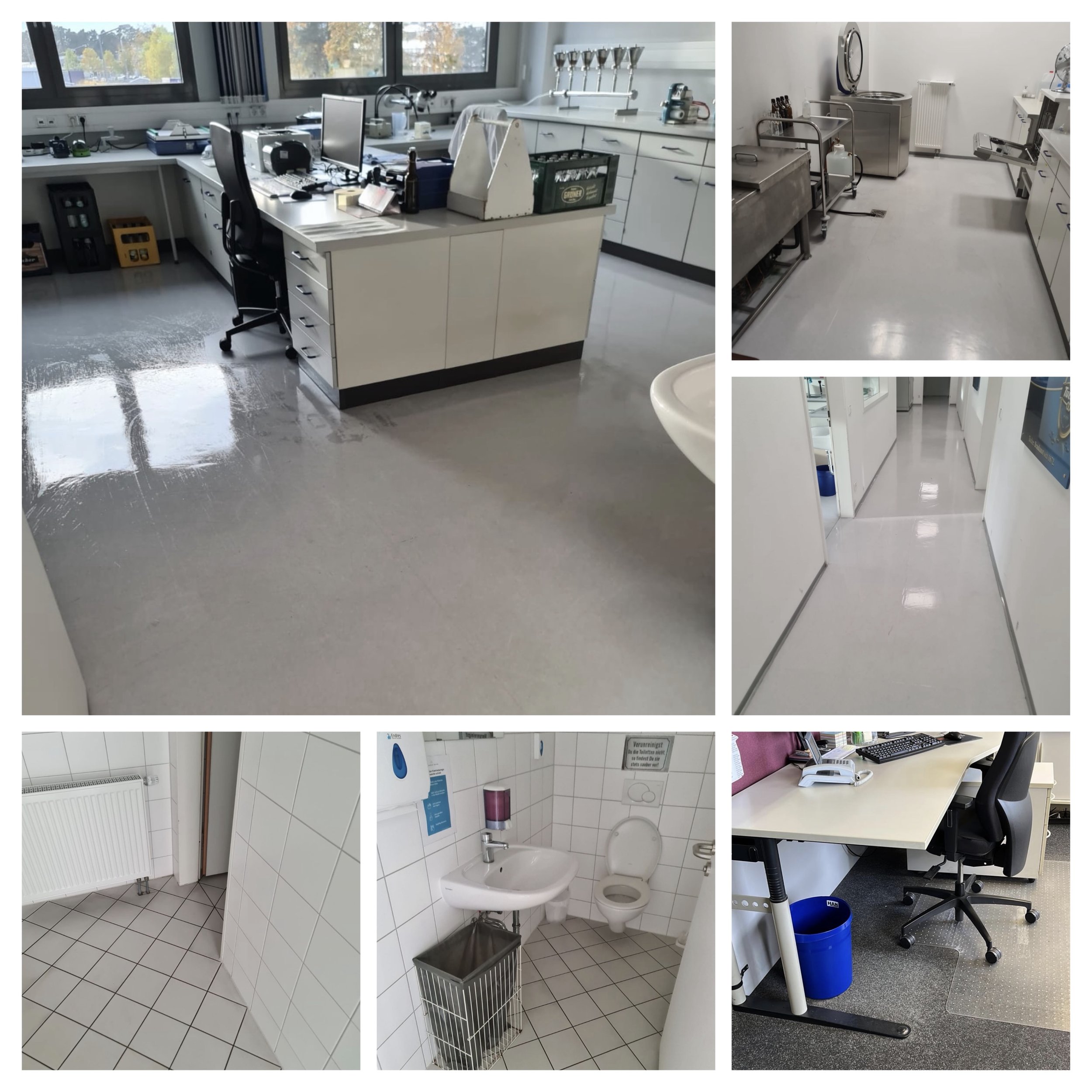 Bilder von verschiedenen Räumen in einer medizinischen Einrichtung, einschließlich eines Labors, eines Waschraums, eines Flurs, einer Toilette und eines Büros.