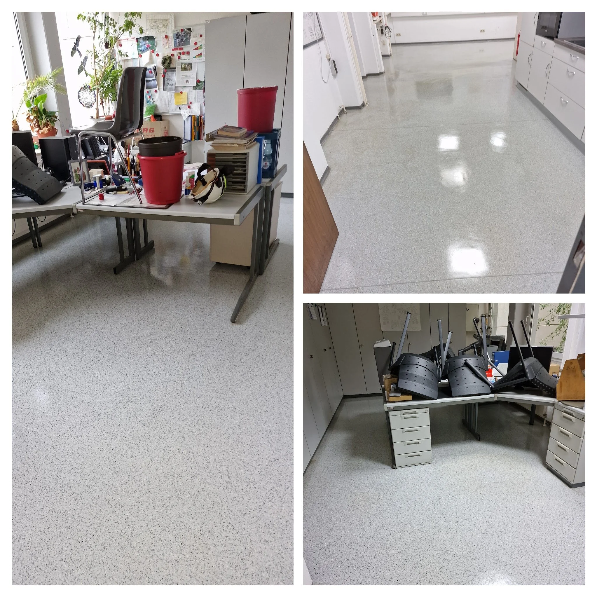 Drei Fotos von Büros mit weißen, schmutz- und kratzerfreien Fußböden und Arbeitsplätzen, die aufgeräumt sind.