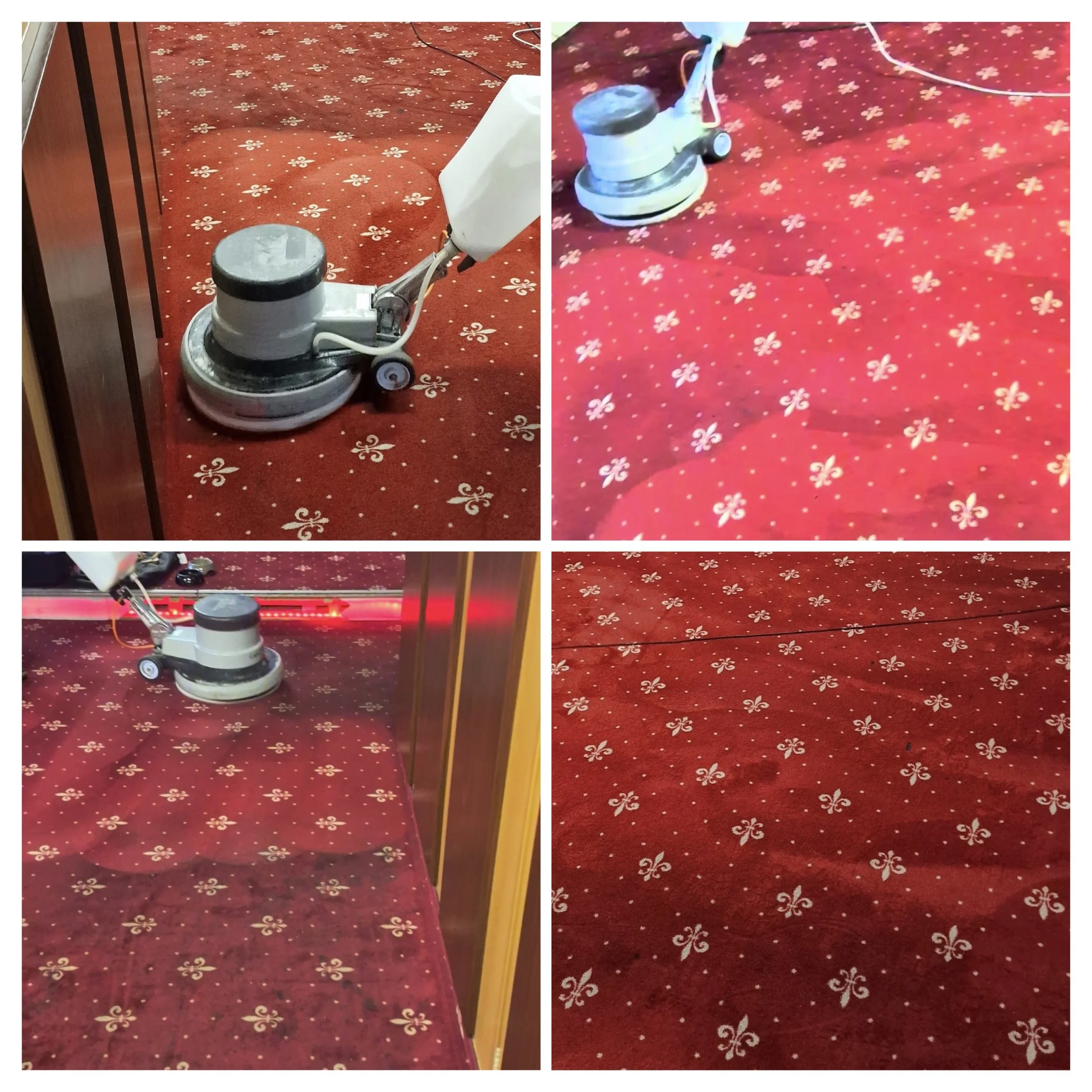 Bilder eines Teppichbodens, der durch eine Bodenreinigungsmaschine gereinigt wird. Die Fotos zeigen den Teppich vor und nach der Reinigung, mit einem Muster aus weißen Blumen auf rotem Hintergrund.