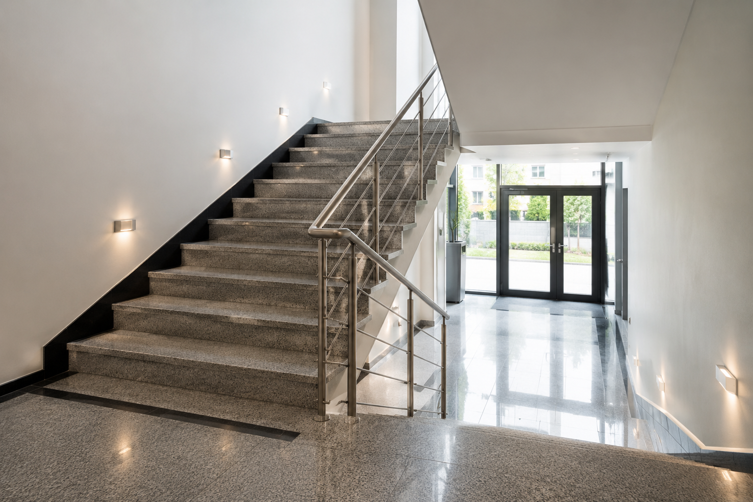 Innenansicht eines modernen Treppenhauses mit grauen Steintreppen, Handläufen aus Edelstahl und weißen Wänden, mit Eingangstür im Hintergrund, umgeben von Glasfenstern und Blick nach draußen auf Bäume und Gebäude.