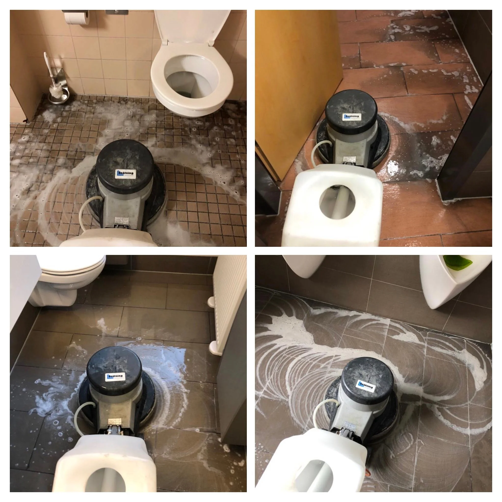 Vier Bilder zeigen die Reinigung eines Badezimmers mit einem speziellen Reinigungsgerät. Das Badezimmer enthält eine Toilette, und es ist Schaum und Wasser auf den Fliesen zu sehen.