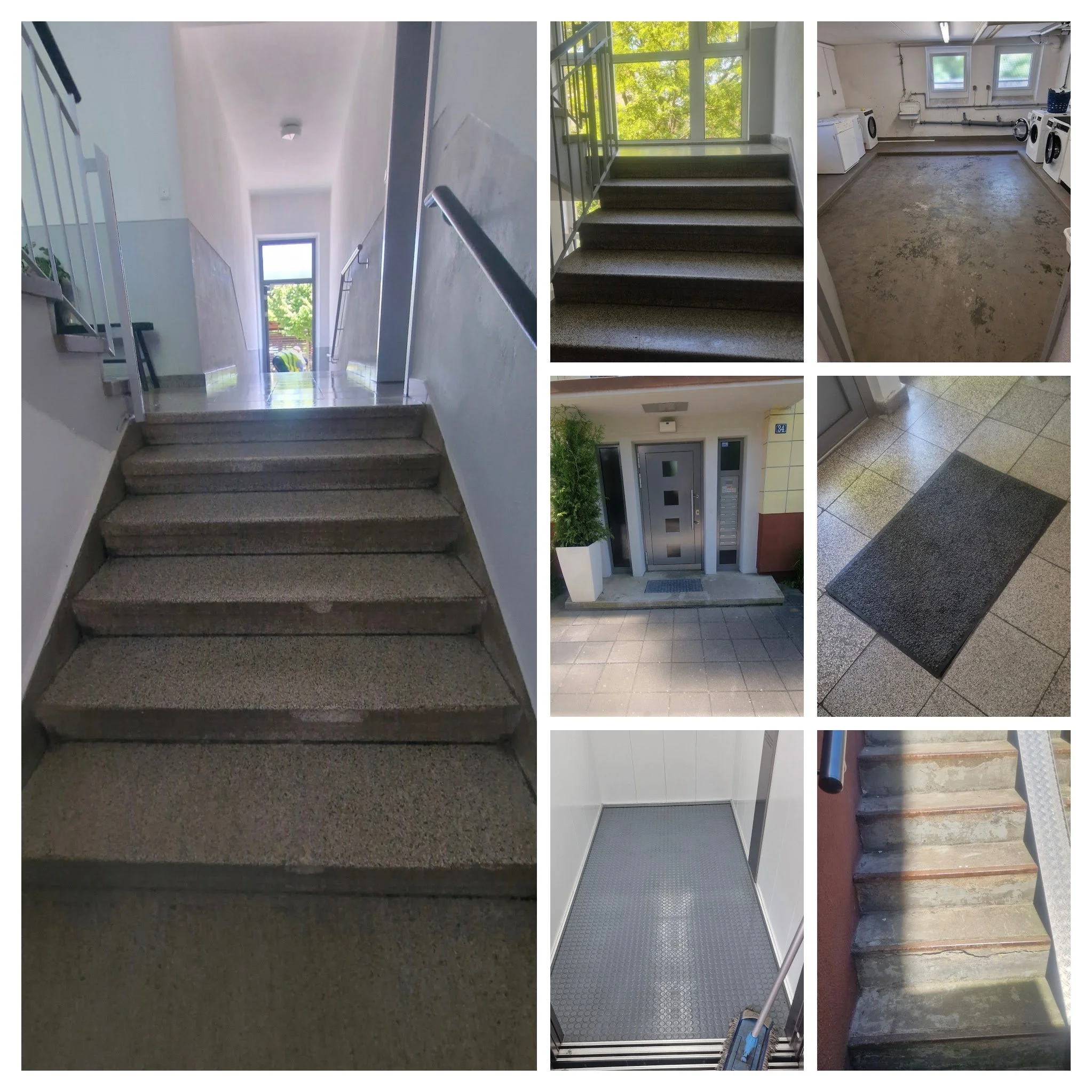 Verschiedene Aufnahmen von Treppen, Fluren, Eingangsbereichen und Waschräumen in einem Gebäude. Enthalten sind Treppen aus unterschiedlichen Materialien, ein Eingangsbereich mit Tür, ein Flur mit Fußmatte, eine Waschküche mit Waschmaschinen, ein Aufzug und ein Treppenabgang.