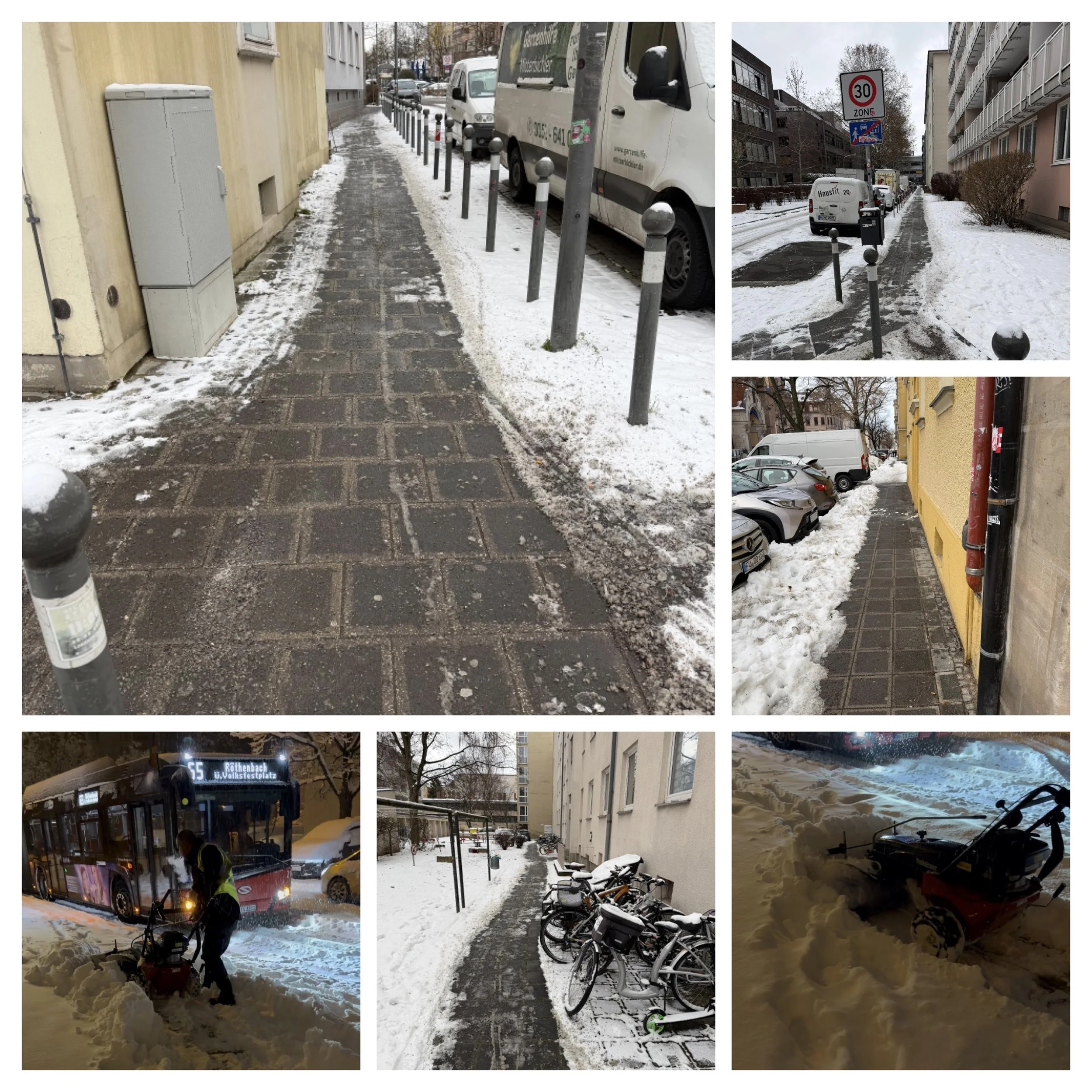 Verschneite Bürgersteige, geparkte Fahrräder, Bus, verschneiter Straßenabschnitt mit Fahrzeugen, Schneeschaufler, verschneiter Schneefräse, Winterstadtansicht.